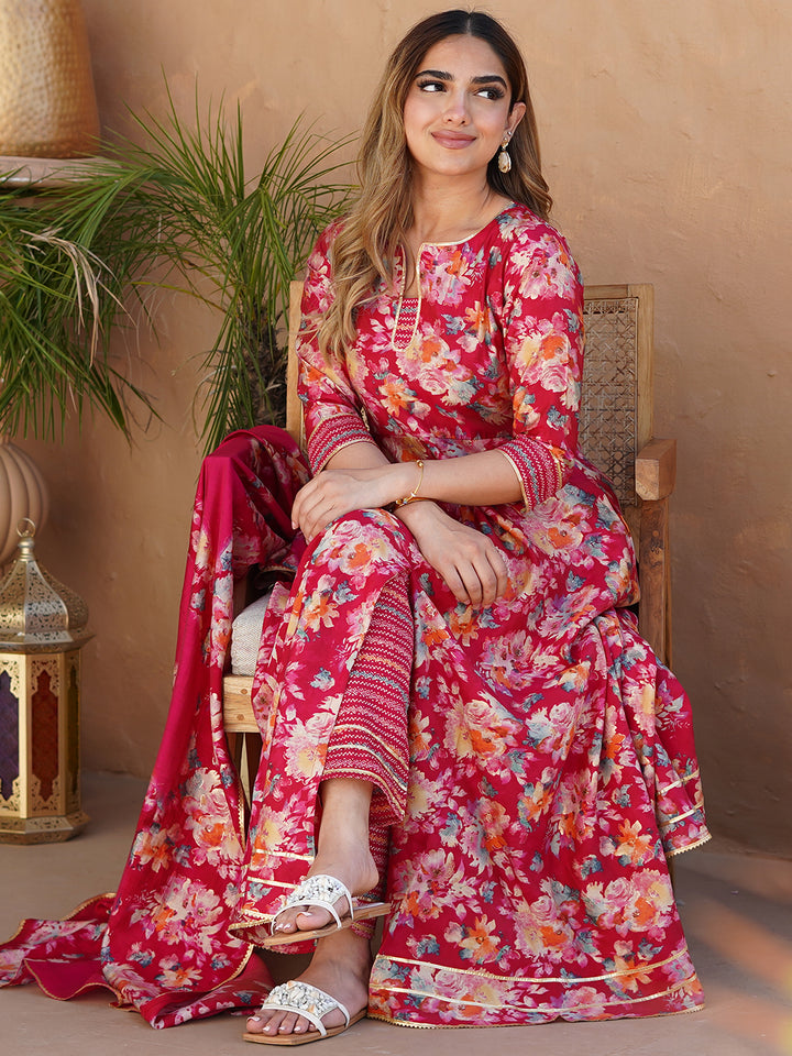 Pink Printed Silk Blend Anarkali Suit With Dupatta