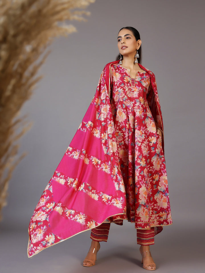 Pink Printed Silk Blend Anarkali Suit With Dupatta