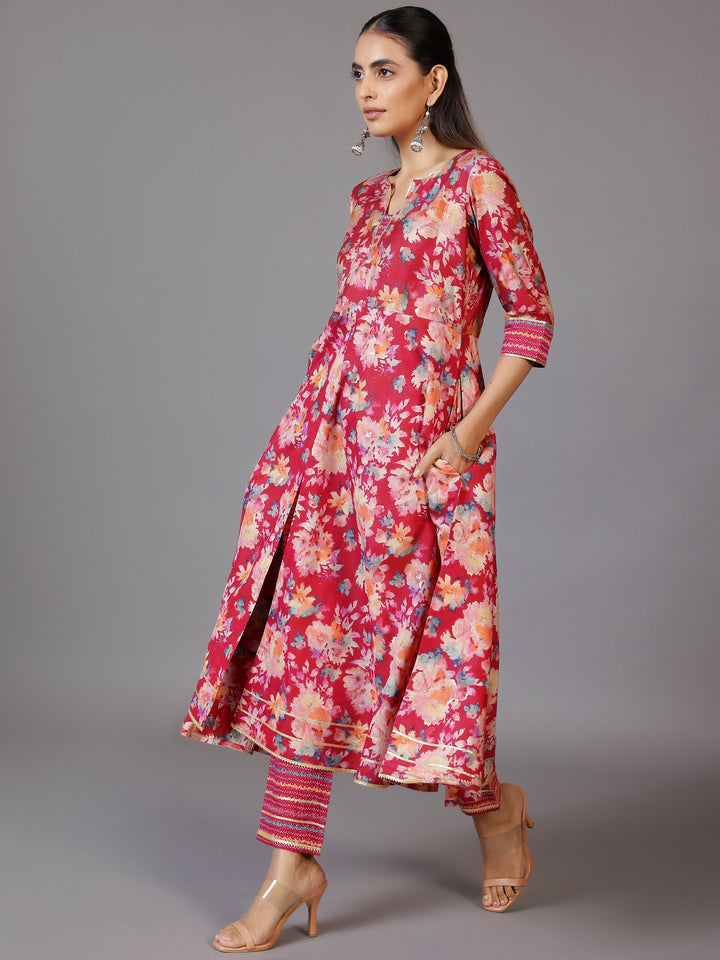 Pink Printed Silk Blend Anarkali Suit With Dupatta