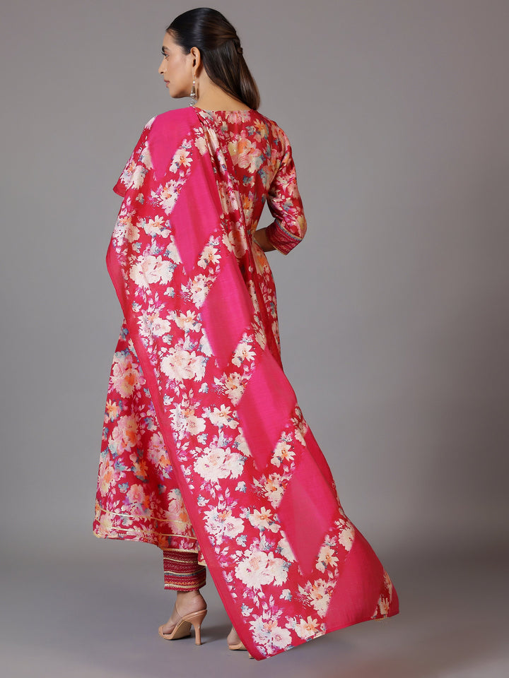 Pink Printed Silk Blend Anarkali Suit With Dupatta