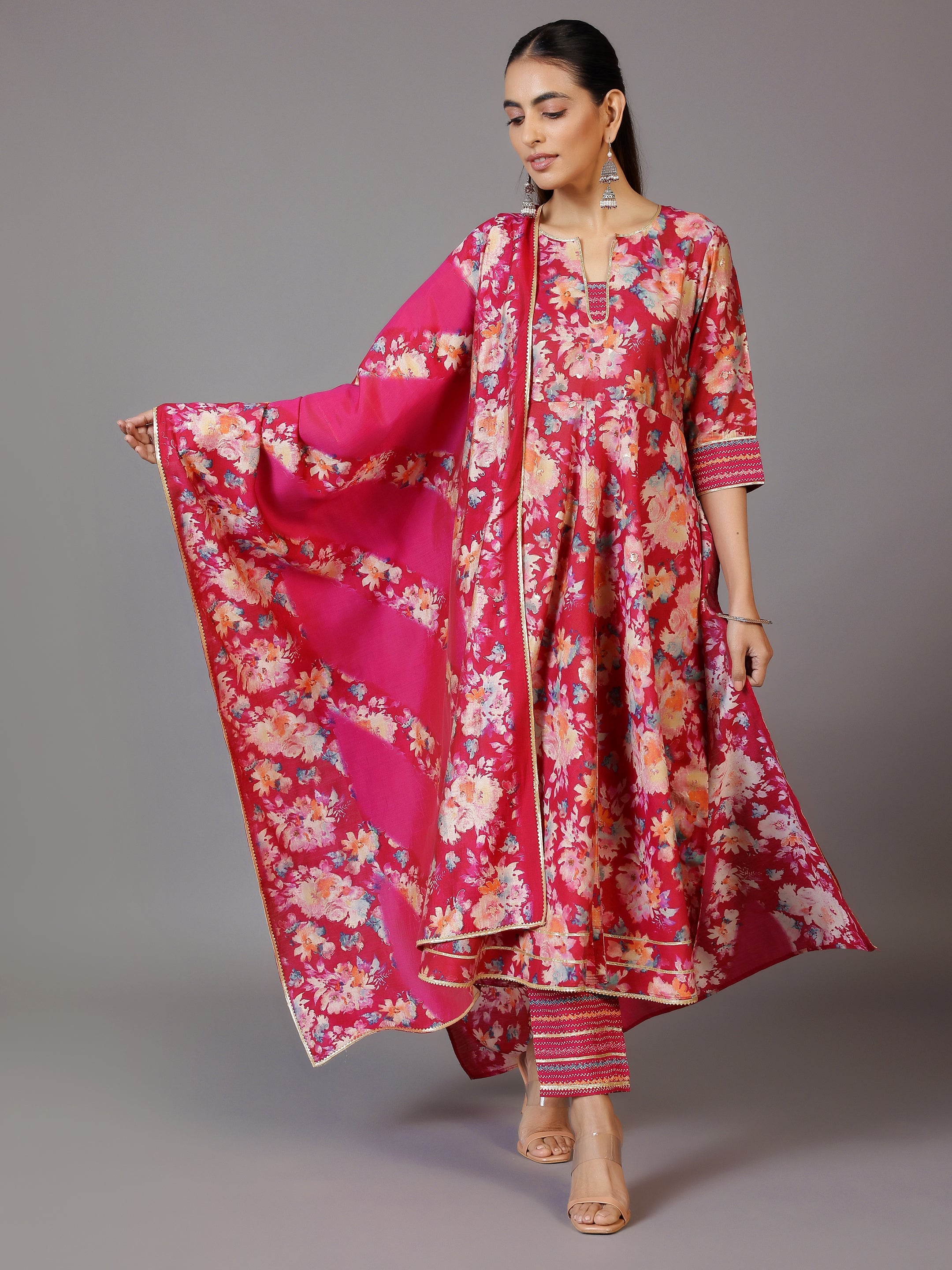 Pink Printed Silk Blend Anarkali Suit With Dupatta