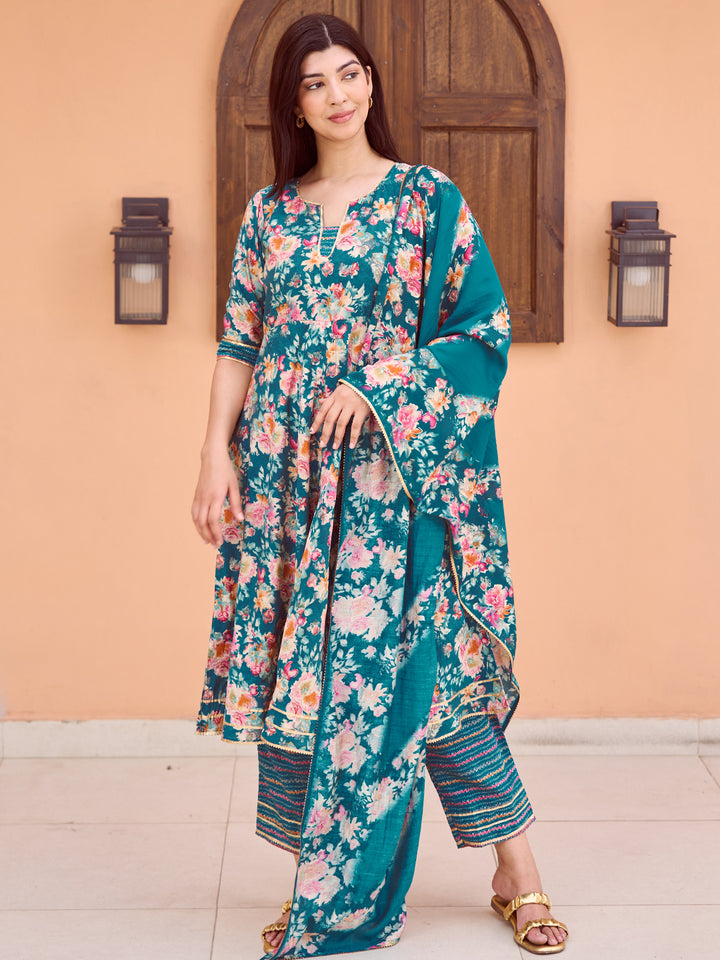 Blue Printed Silk Blend Anarkali Suit With Dupatta