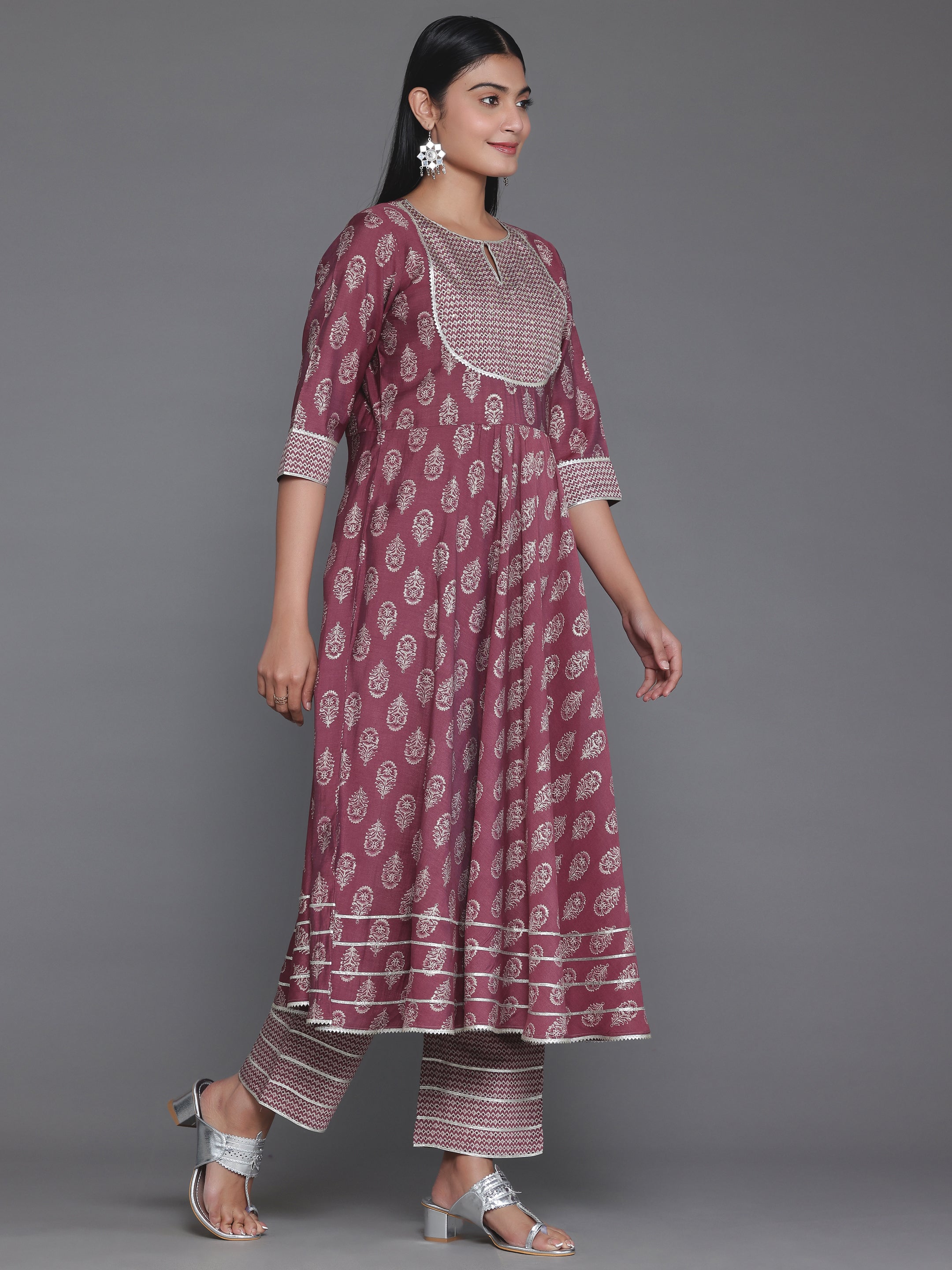 Mauve Printed Silk Blend Anarkali Suit With Dupatta