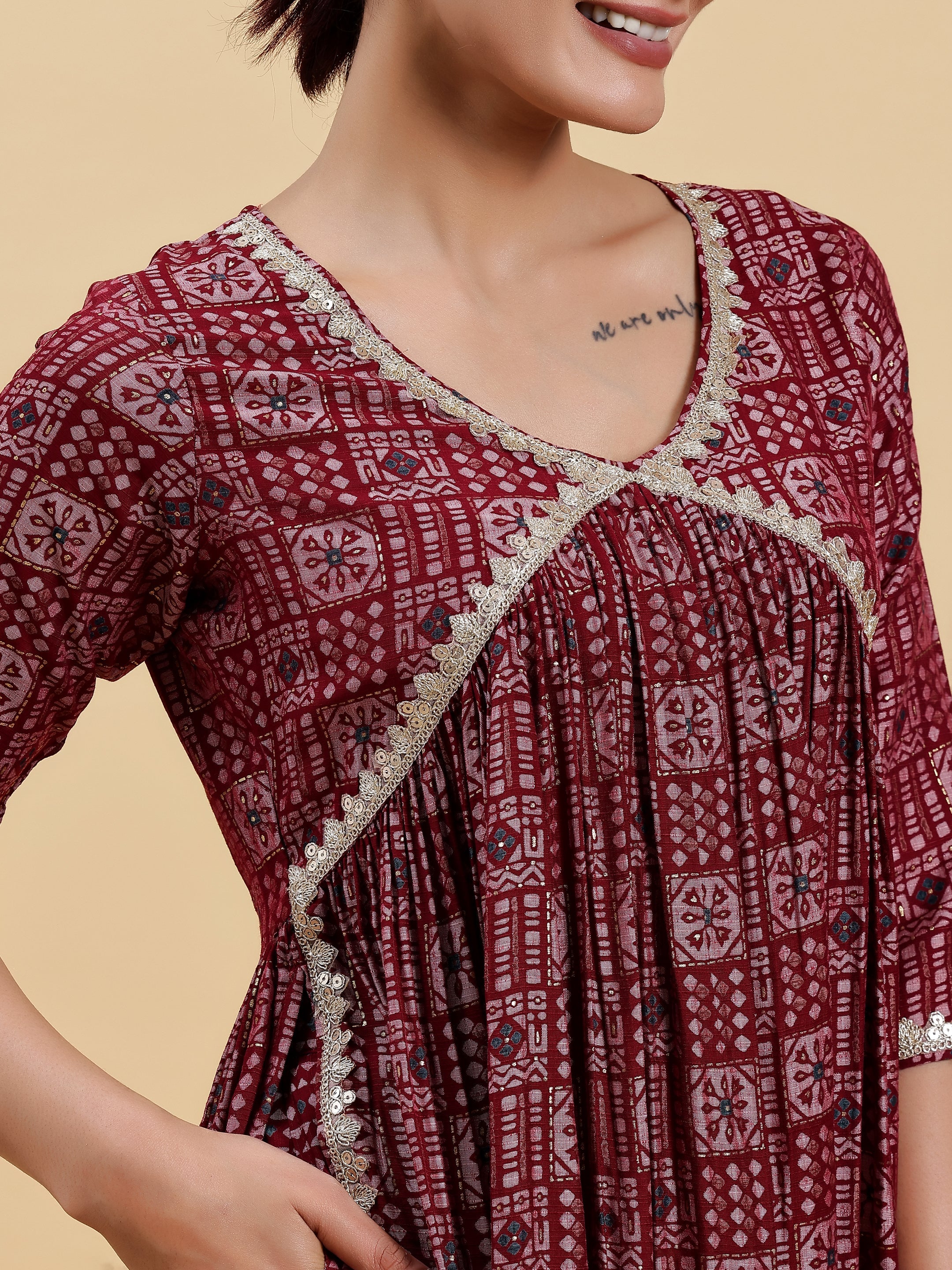 Maroon Printed Silk Blend A-Line Kurta With Palazzos & Dupatta