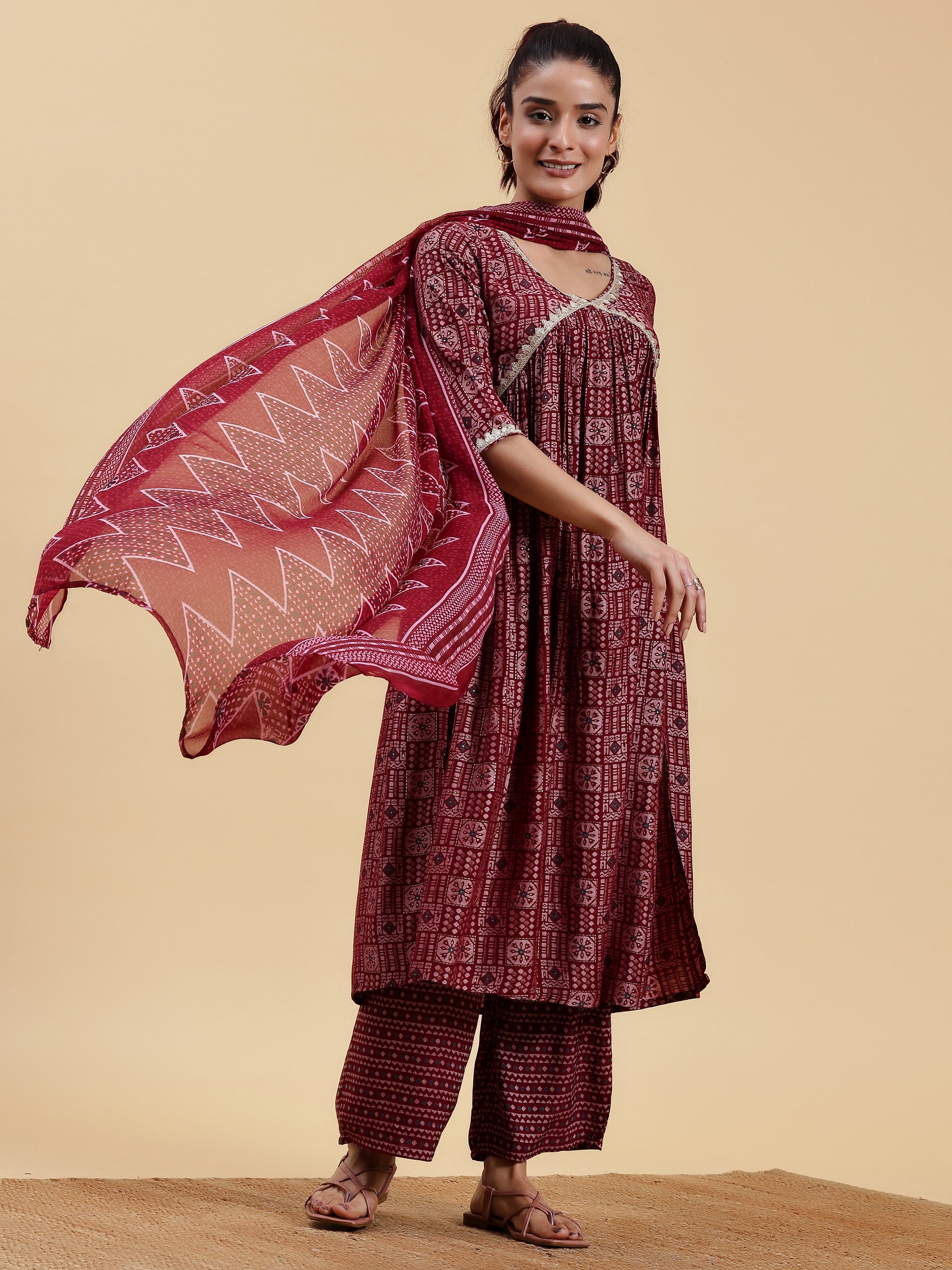 Maroon Printed Silk Blend A-Line Kurta With Palazzos & Dupatta