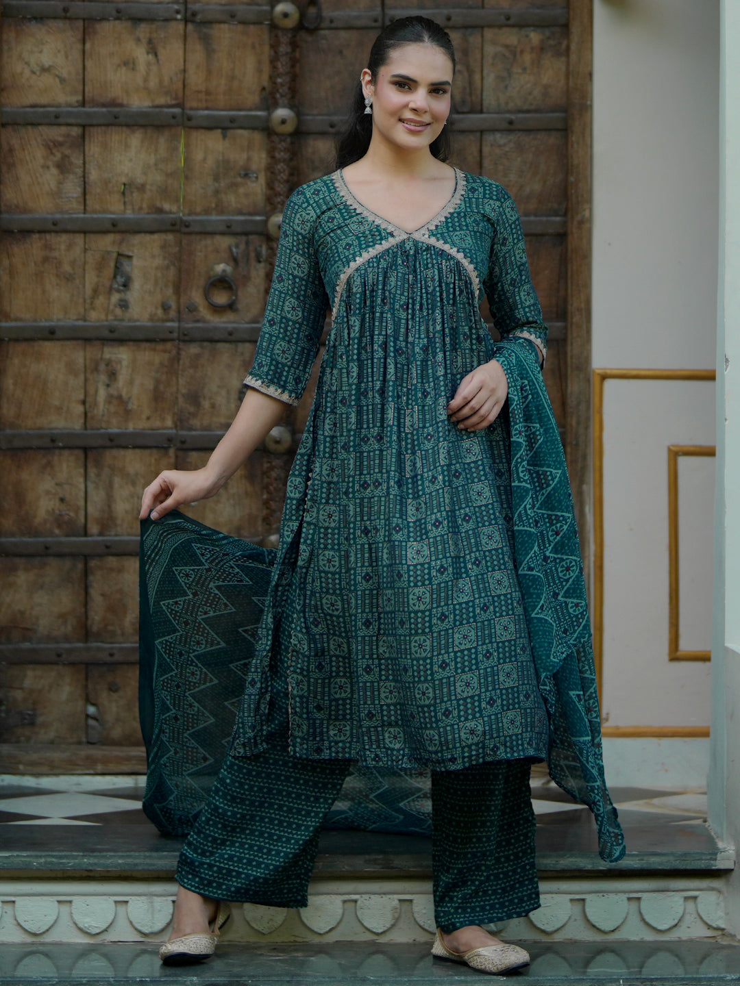 Blue Printed Silk Blend A-Line Kurta With Palazzos & Dupatta