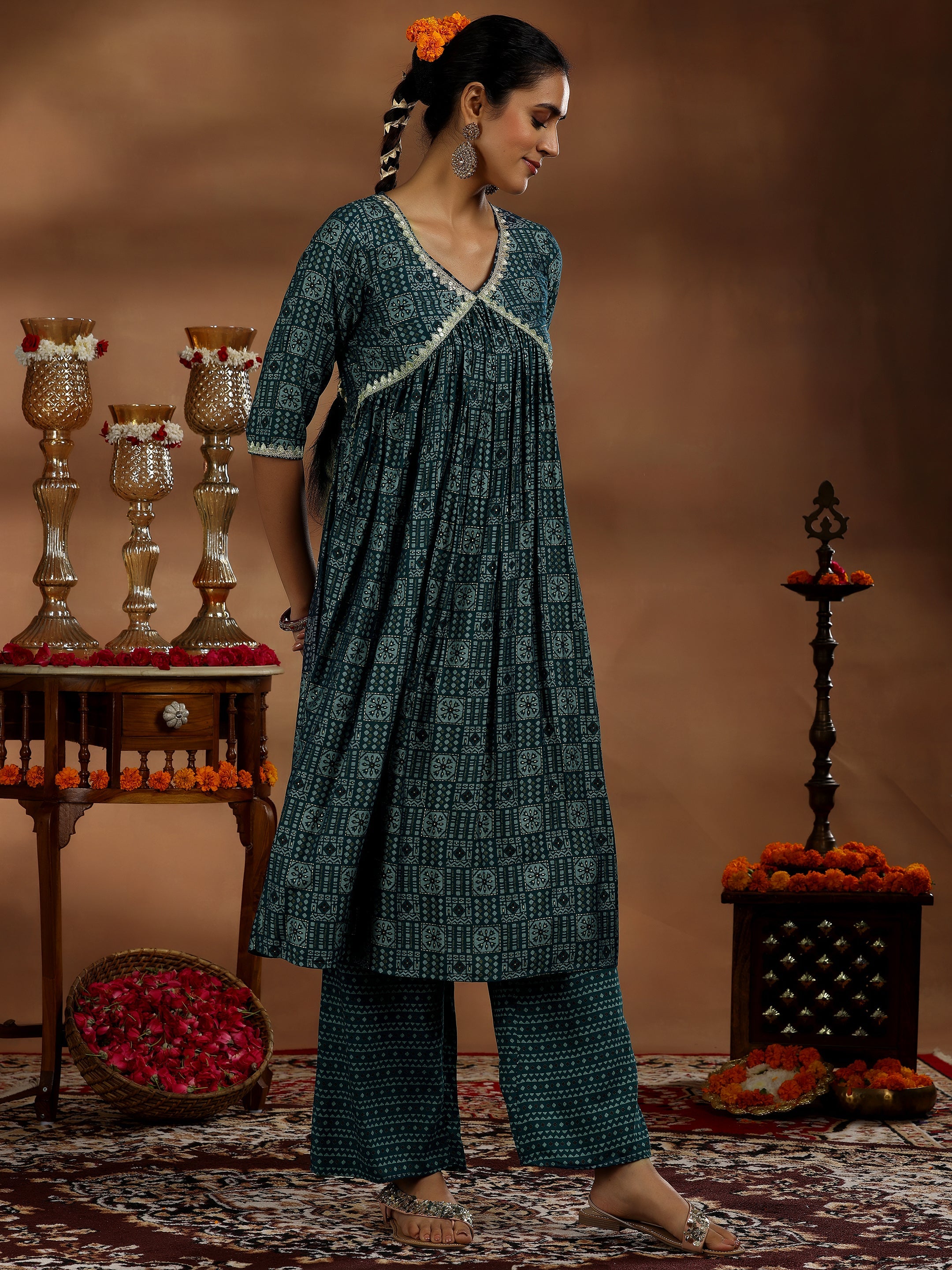 Blue Printed Silk Blend A-Line Kurta With Palazzos & Dupatta