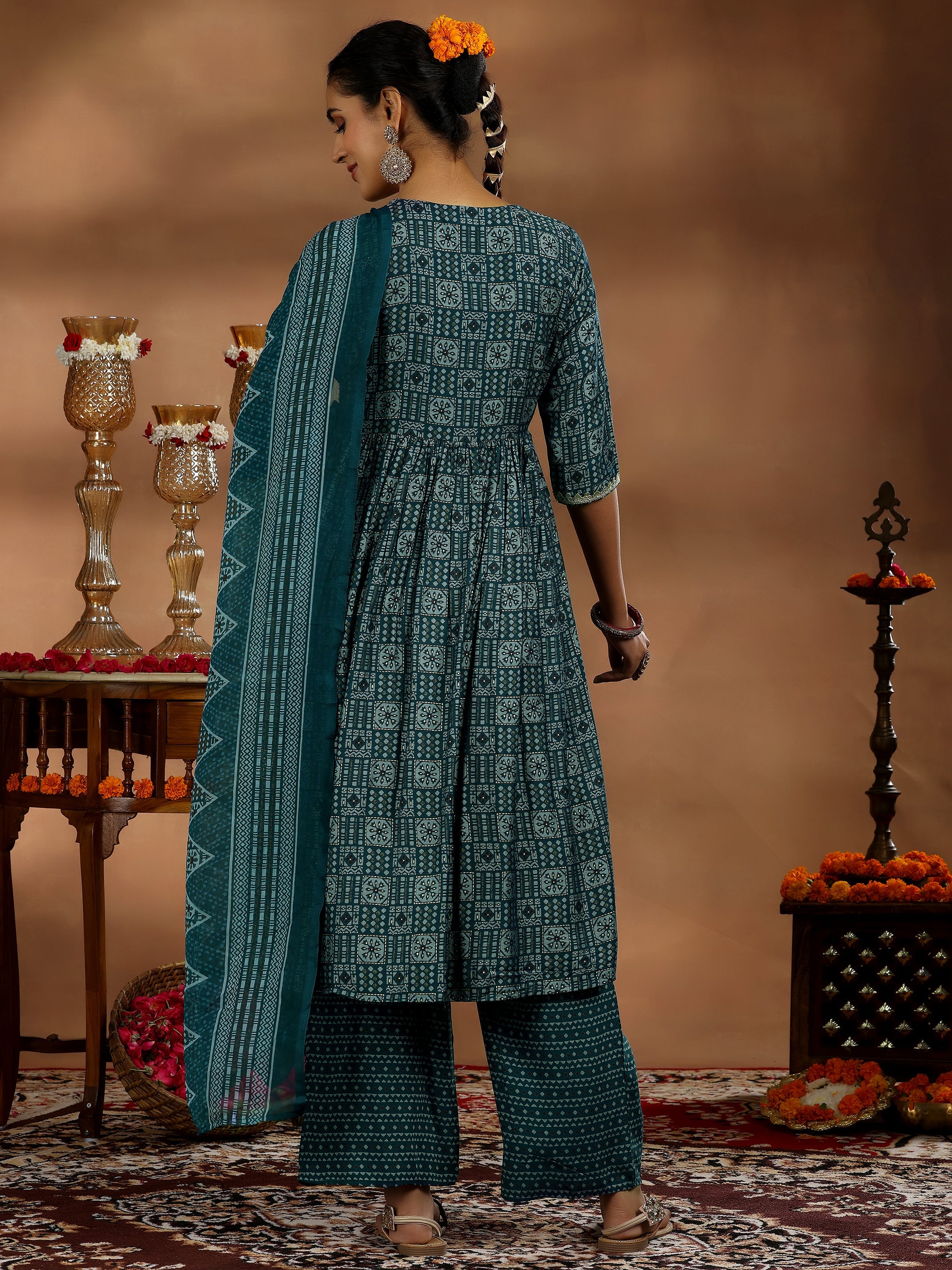 Blue Printed Silk Blend A-Line Kurta With Palazzos & Dupatta