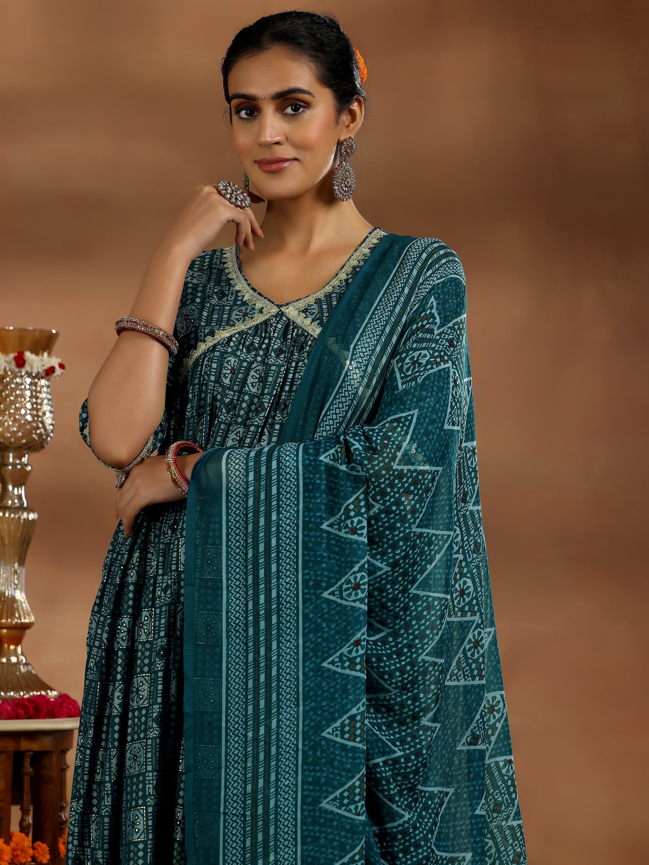 Blue Printed Silk Blend A-Line Kurta With Palazzos & Dupatta