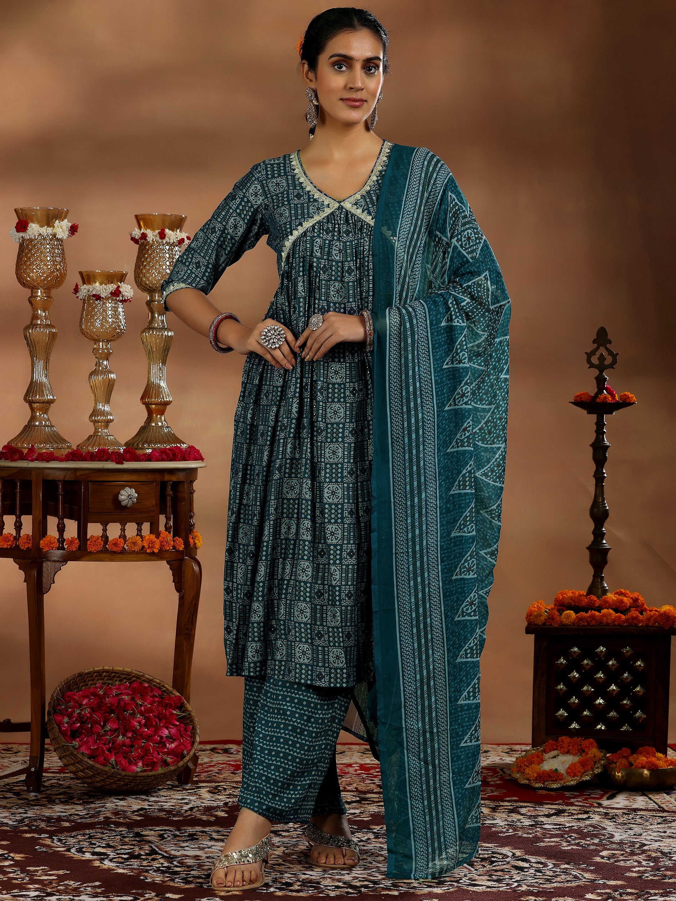 Blue Printed Silk Blend A-Line Kurta With Palazzos & Dupatta