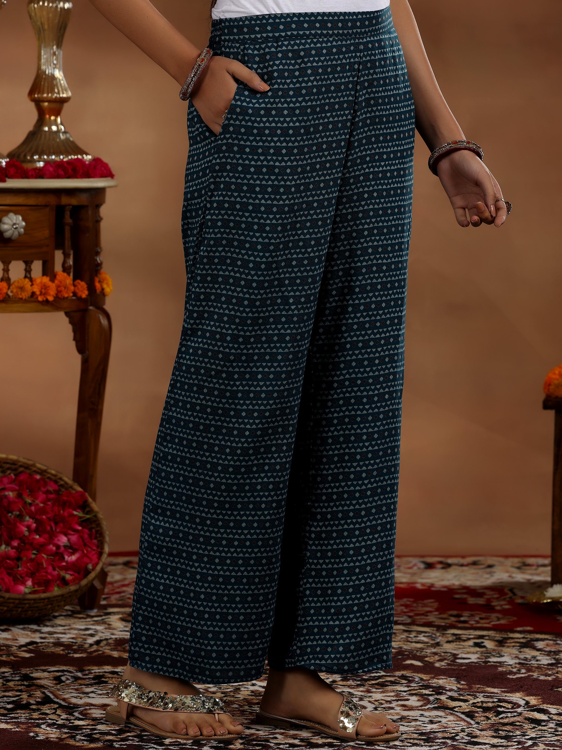 Blue Printed Silk Blend A-Line Kurta With Palazzos & Dupatta