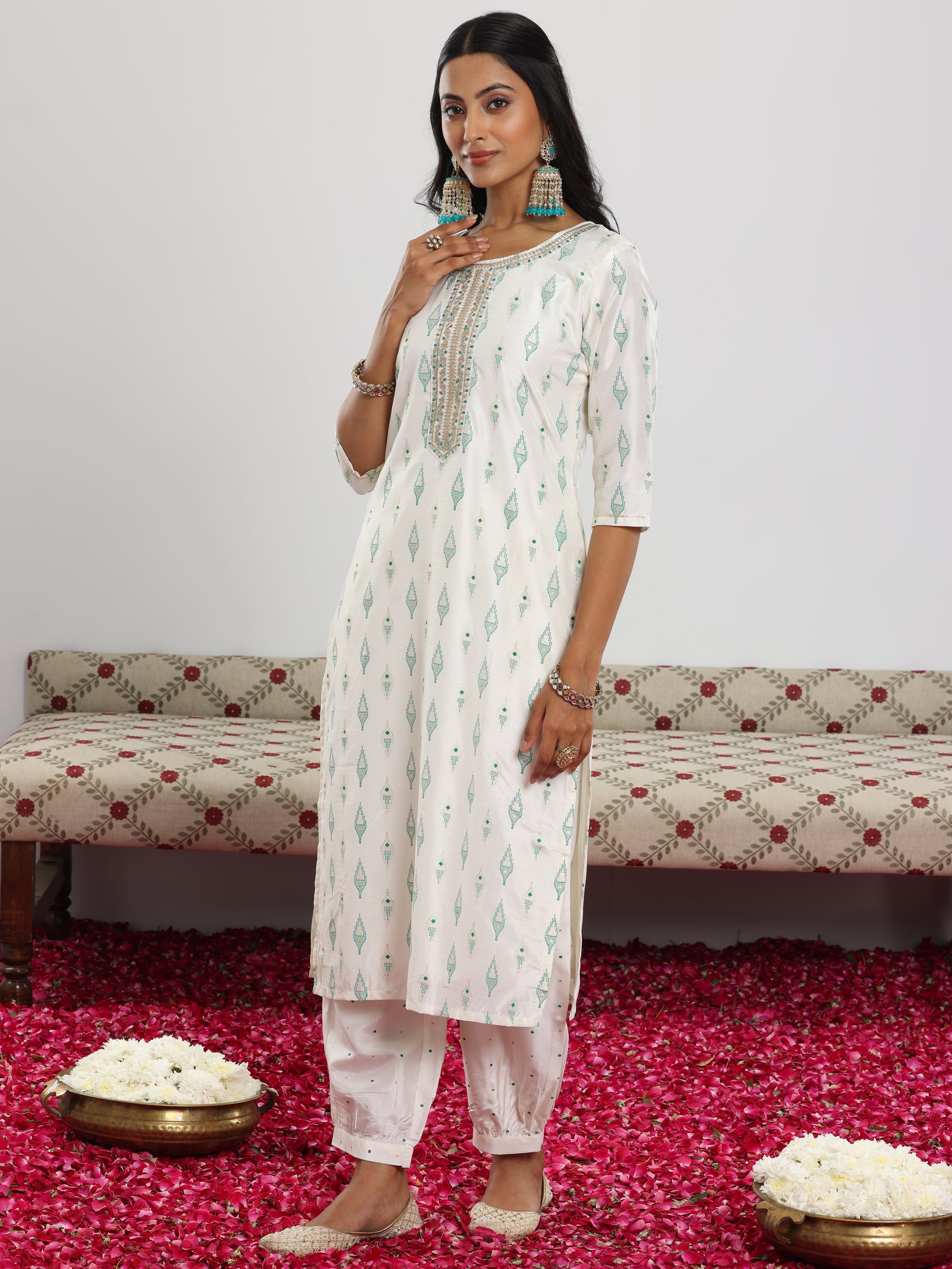 Off White Printed Silk Blend Straight Suit With Dupatta