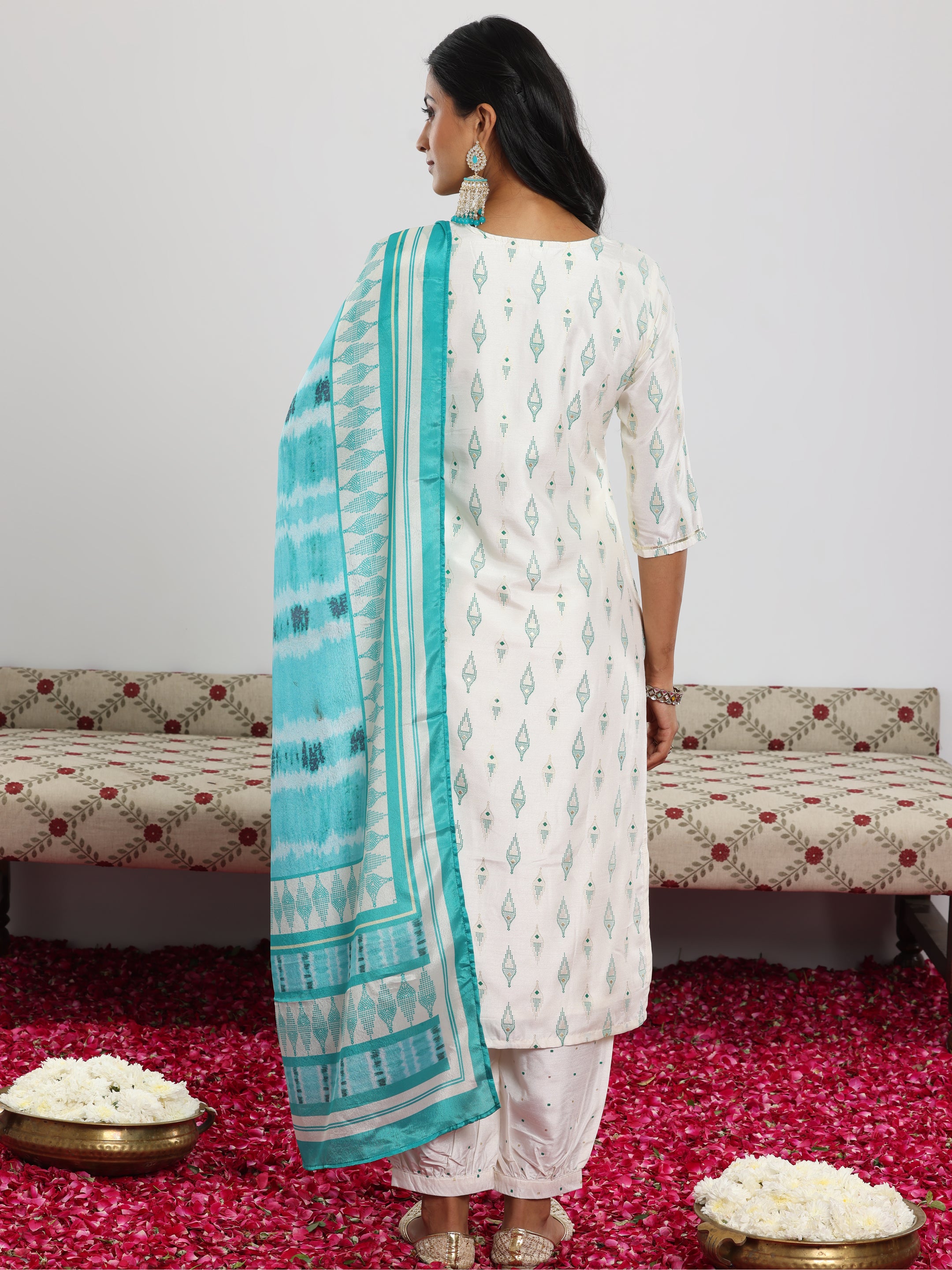 Off White Printed Silk Blend Straight Suit With Dupatta