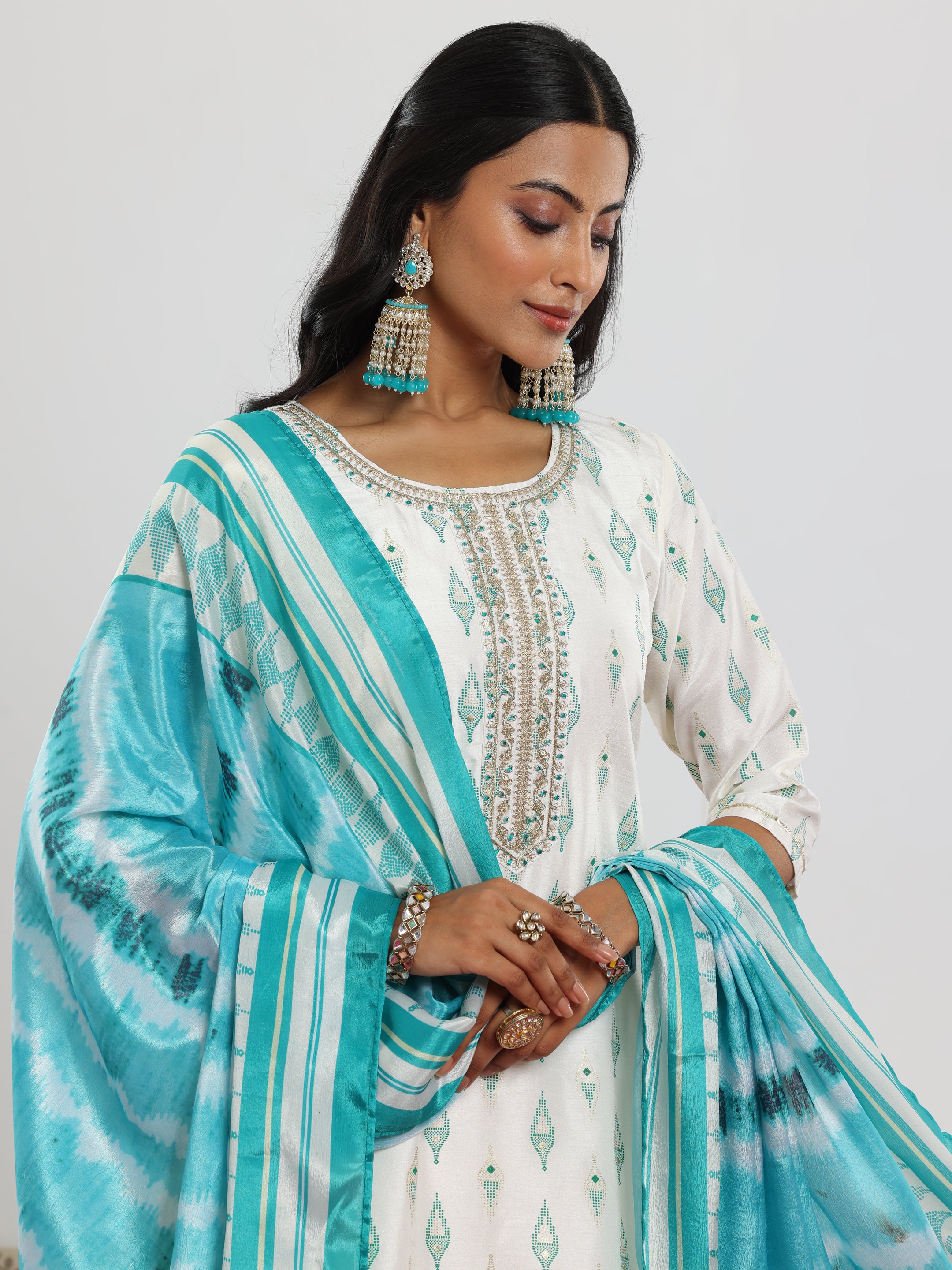 Off White Printed Silk Blend Straight Suit With Dupatta