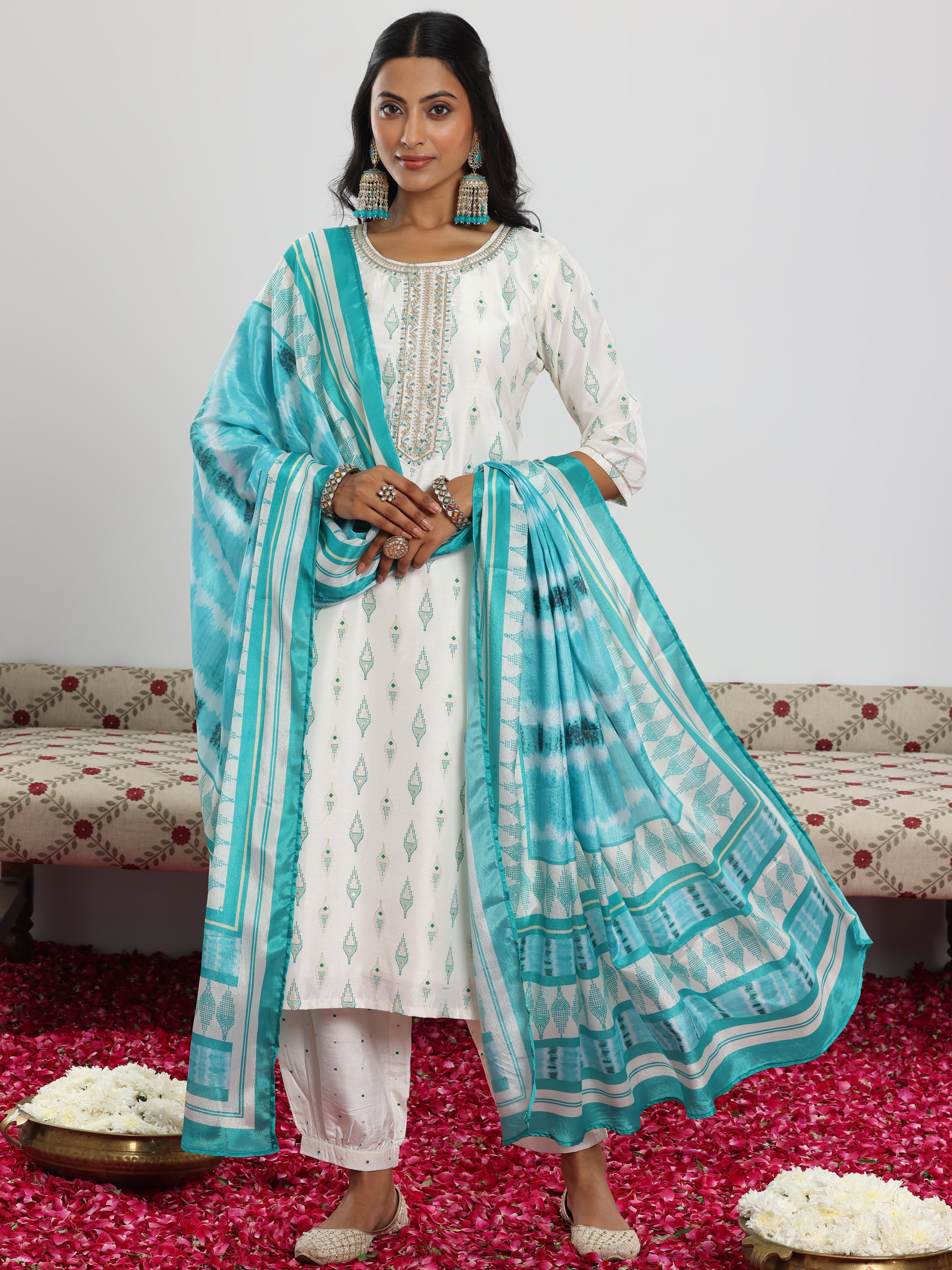 Off White Printed Silk Blend Straight Suit With Dupatta