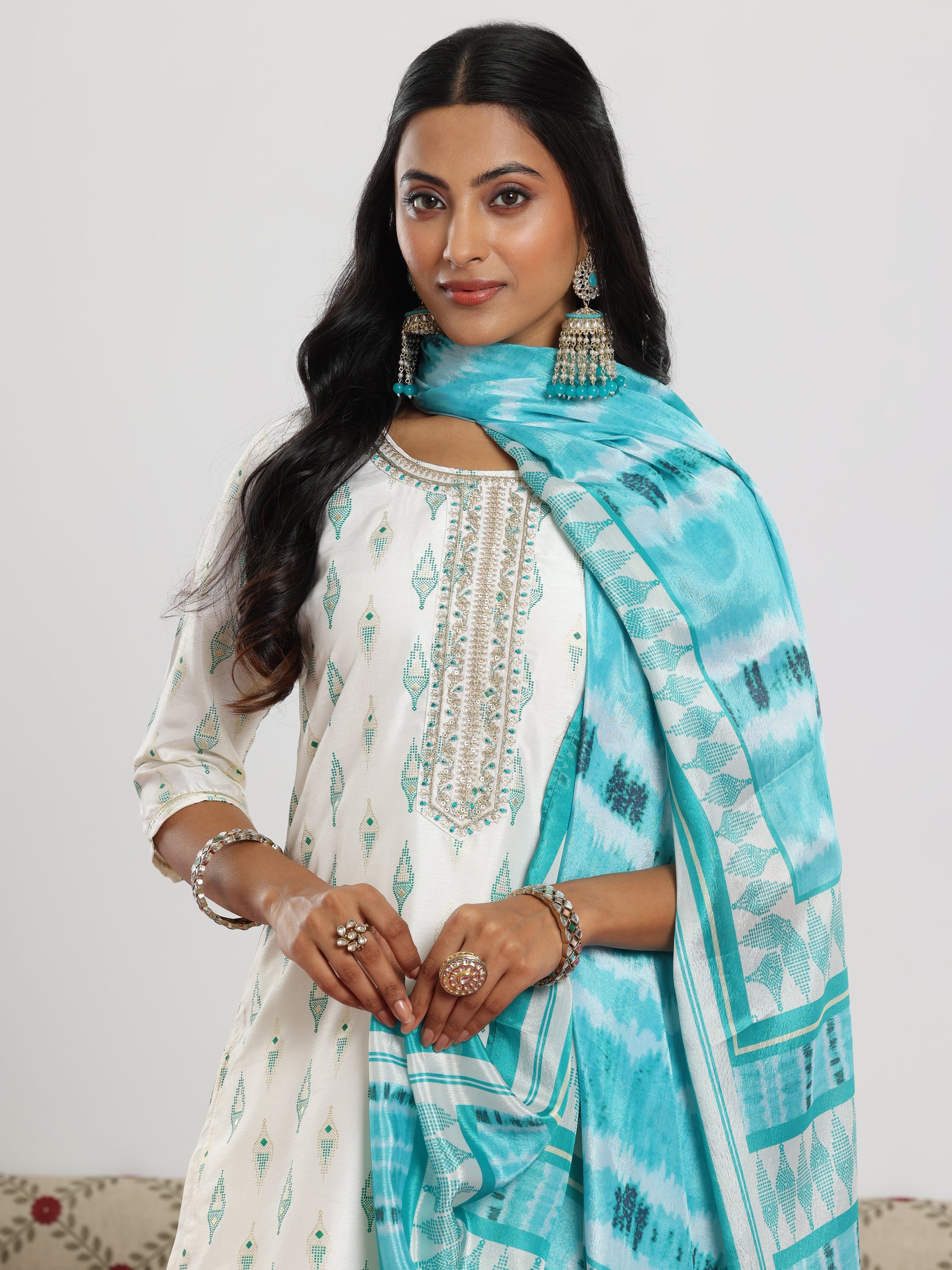 Off White Printed Silk Blend Straight Suit With Dupatta