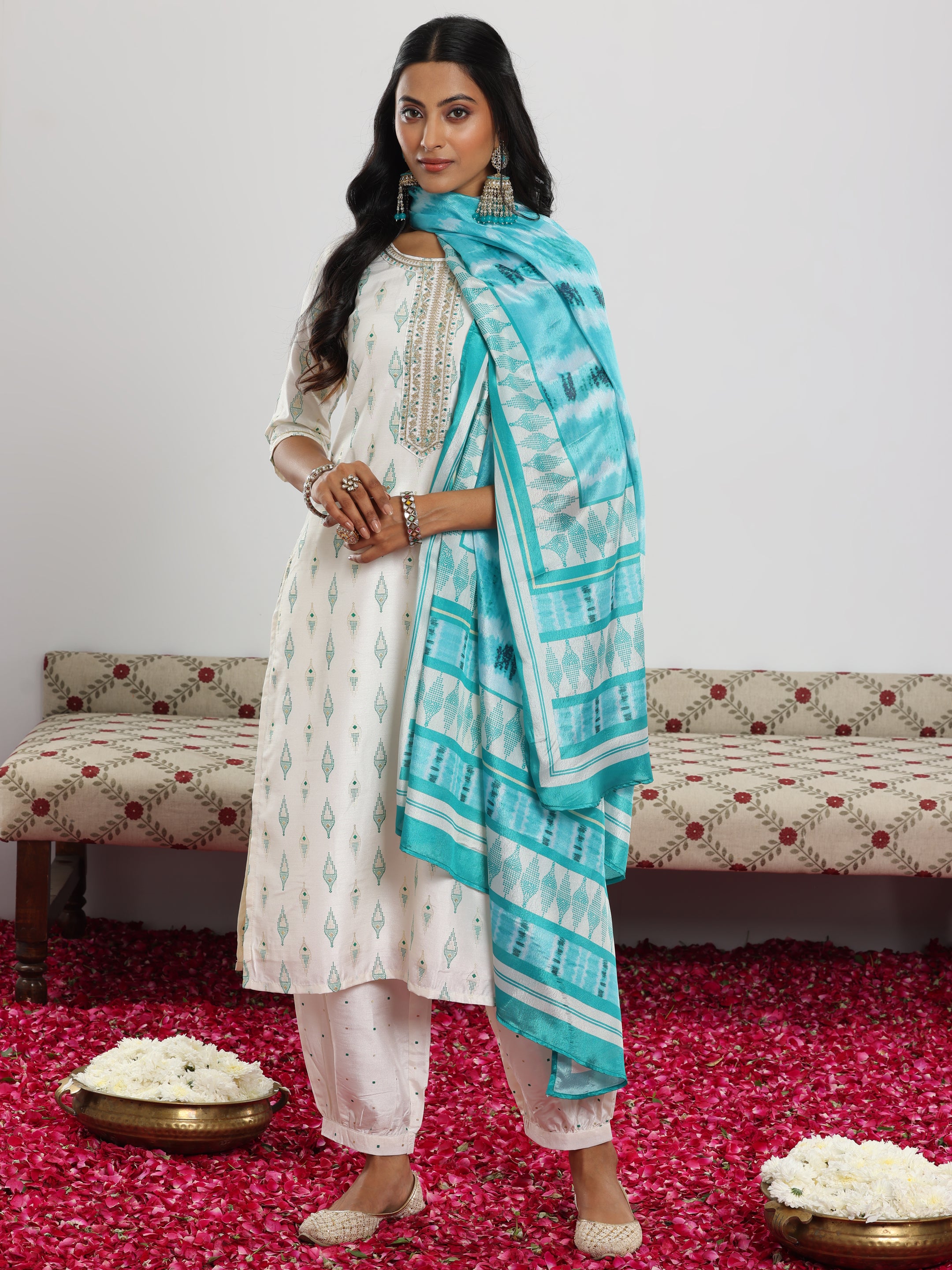 Off White Printed Silk Blend Straight Suit With Dupatta