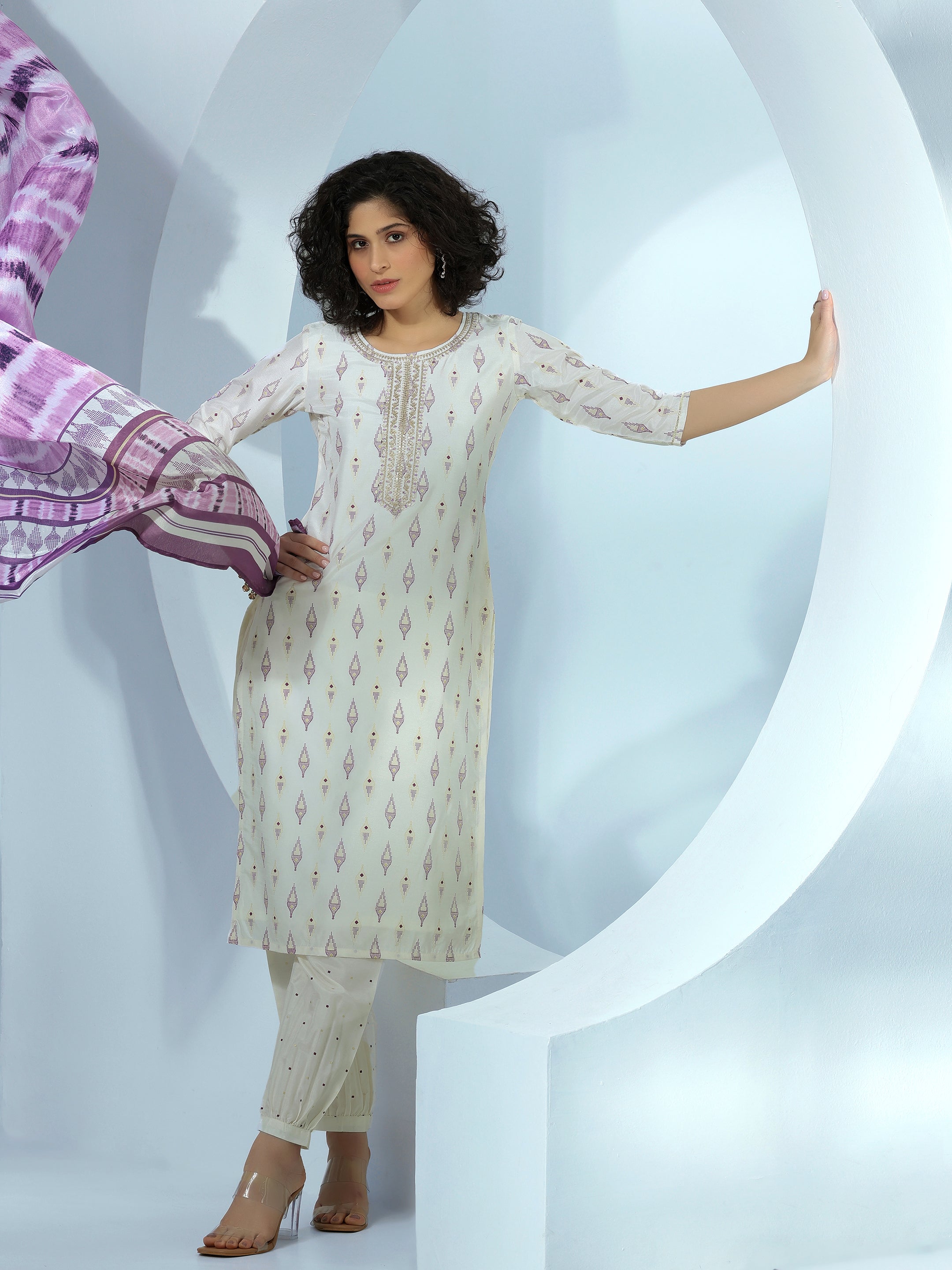 Off White Printed Silk Blend Straight Suit With Dupatta