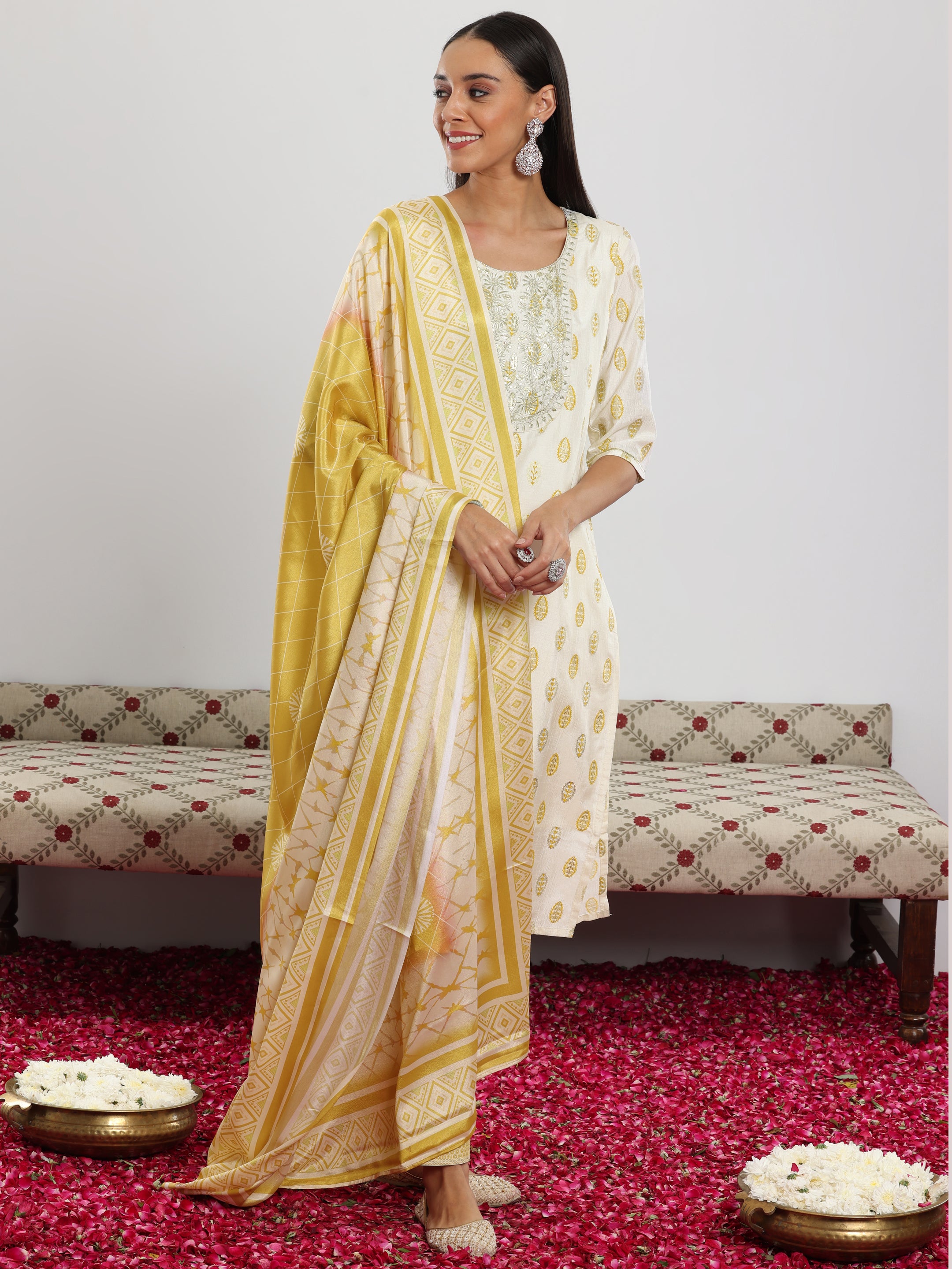 Off White Printed Silk Blend Straight Suit With Dupatta