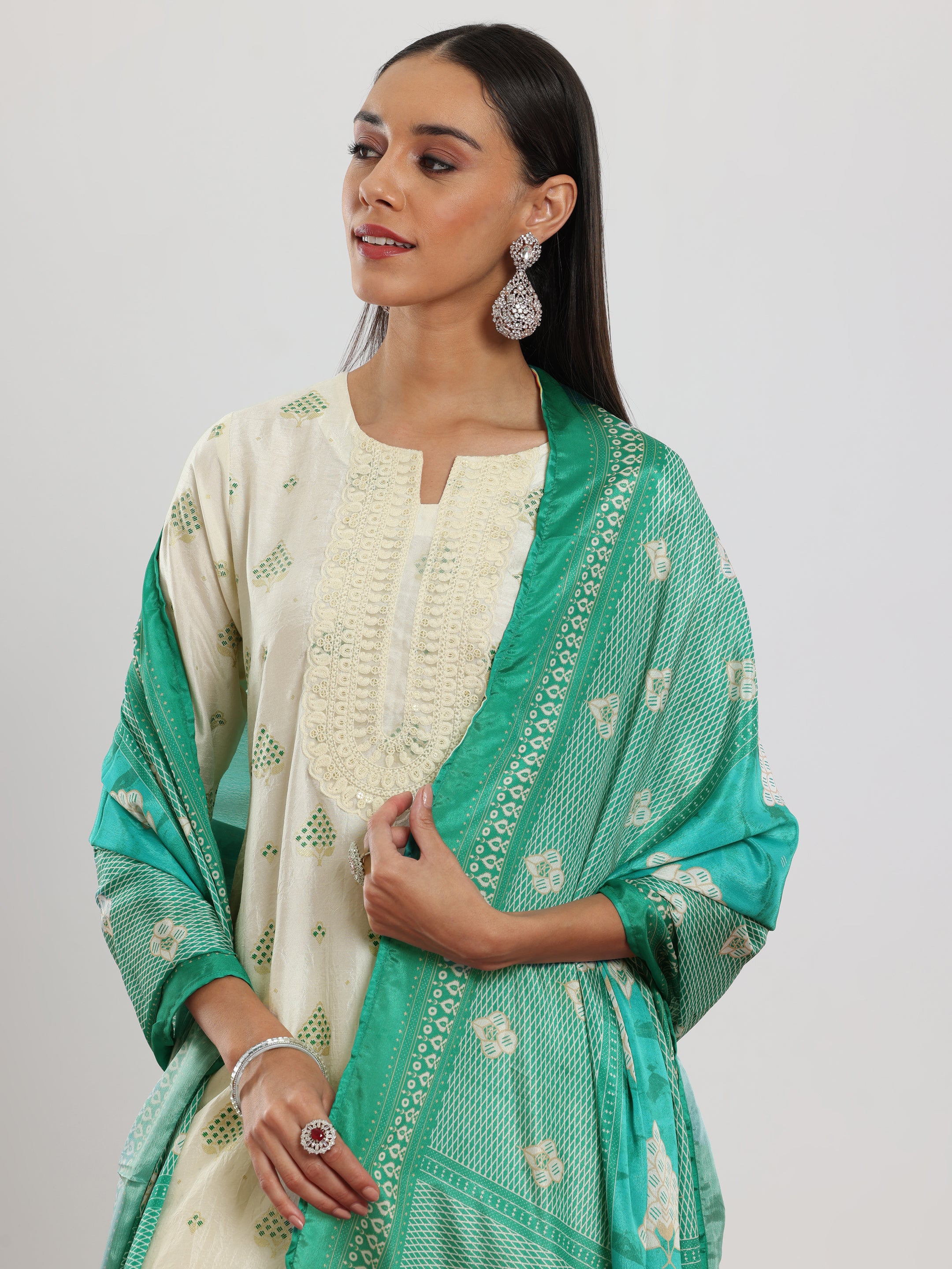 Off White Printed Silk Blend Straight Suit With Dupatta