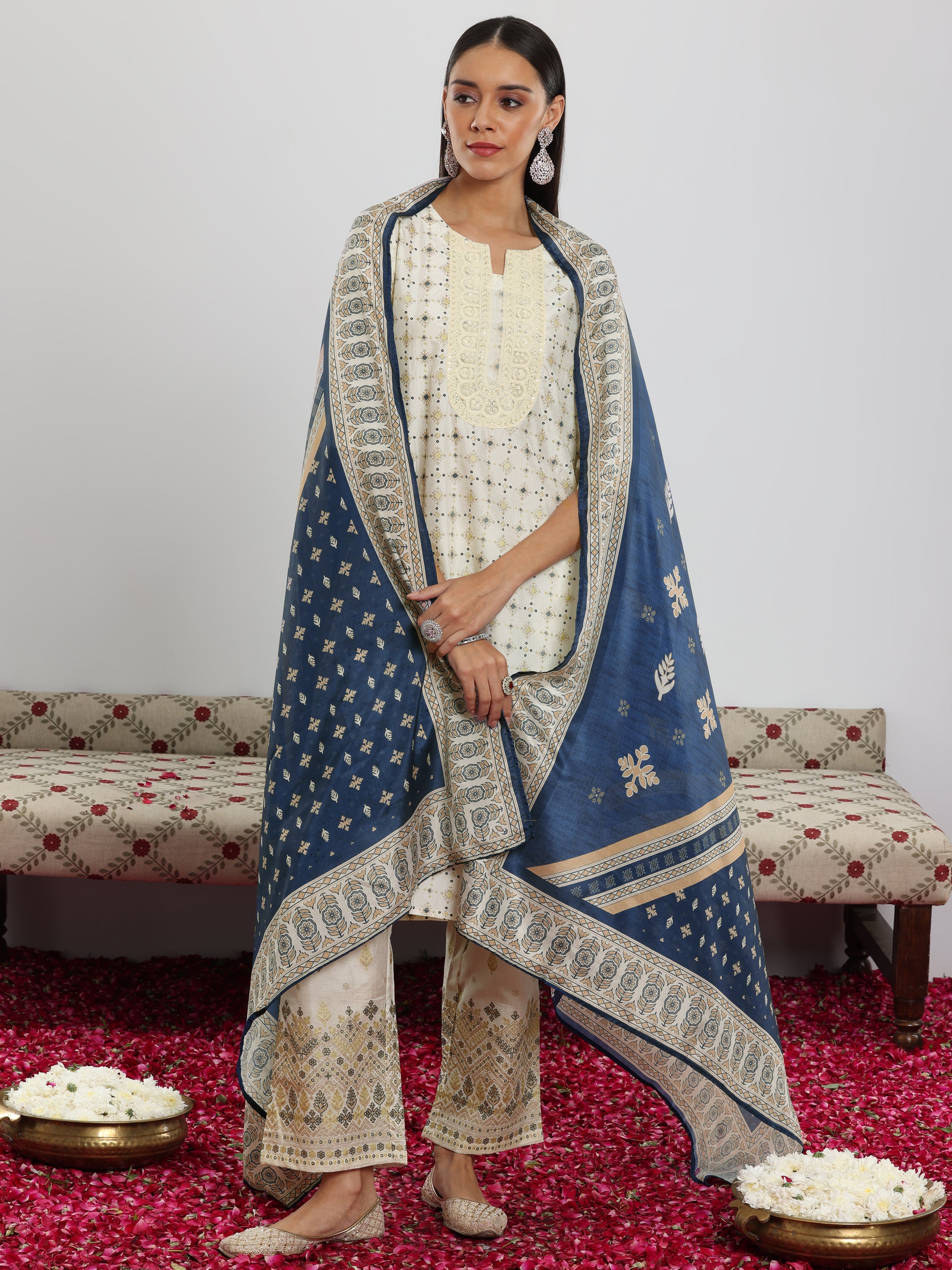 Off White Printed Silk Blend Straight Suit With Dupatta