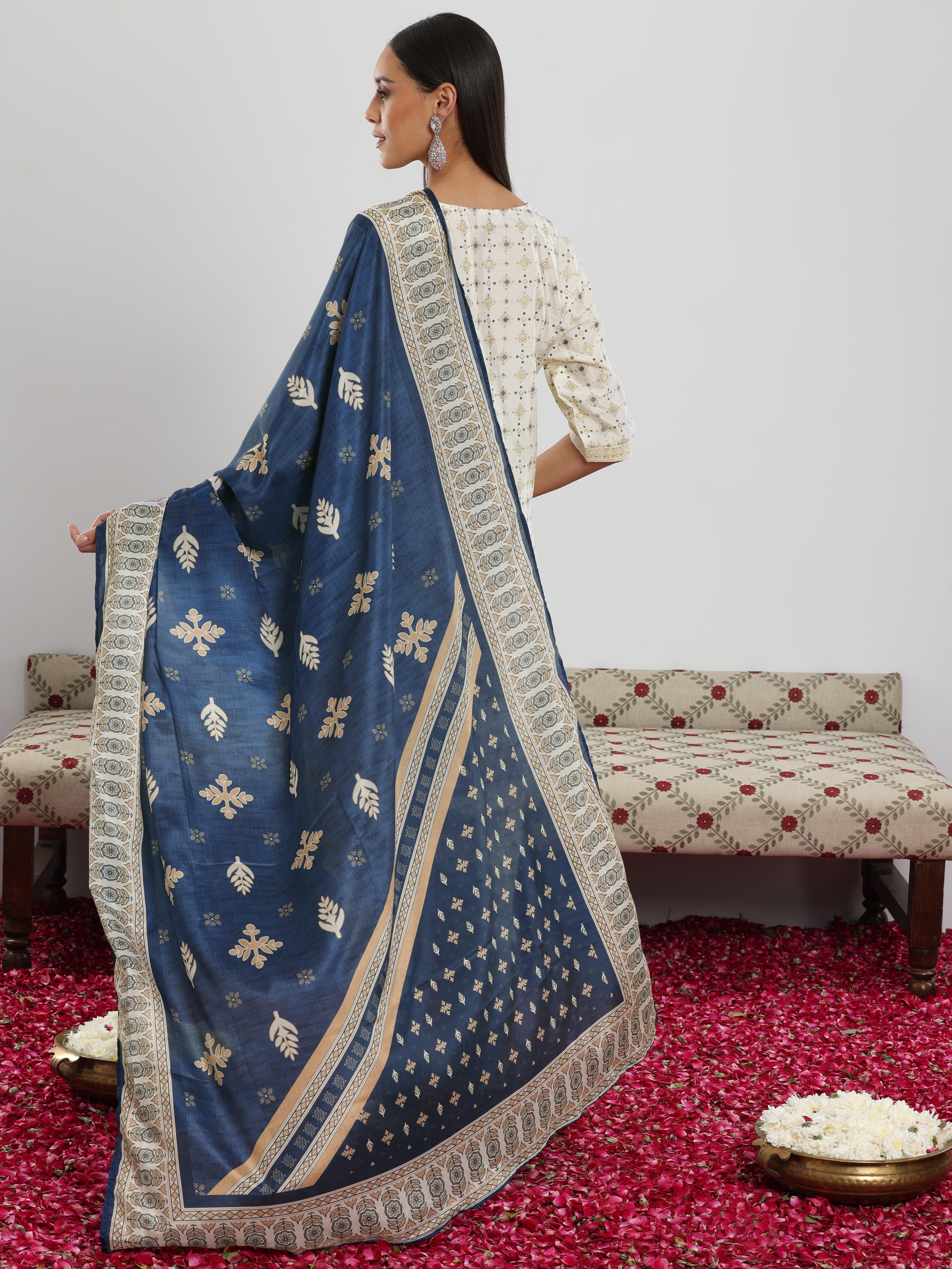 Off White Printed Silk Blend Straight Suit With Dupatta