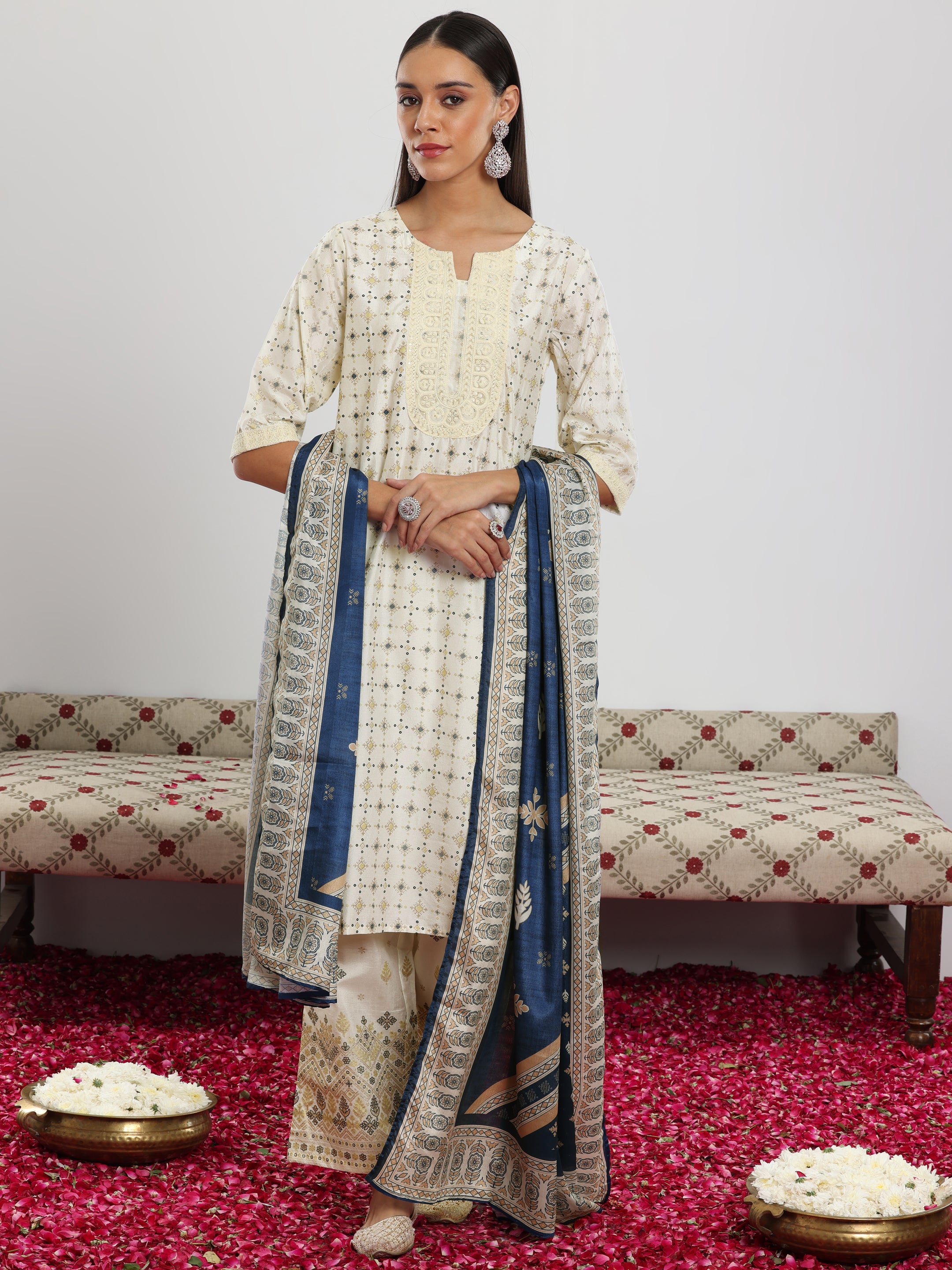 Off White Printed Silk Blend Straight Suit With Dupatta