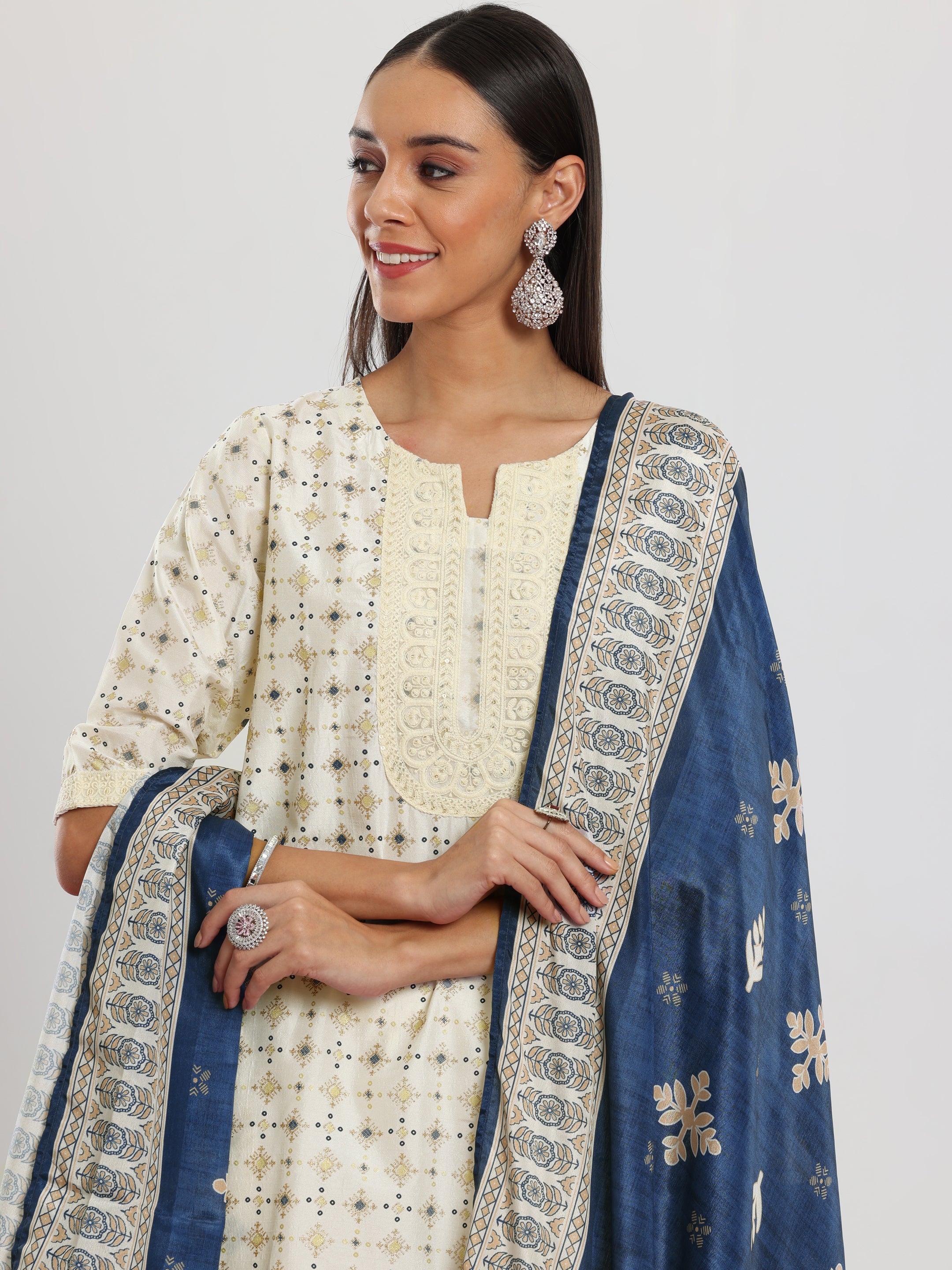 Off White Printed Silk Blend Straight Suit With Dupatta