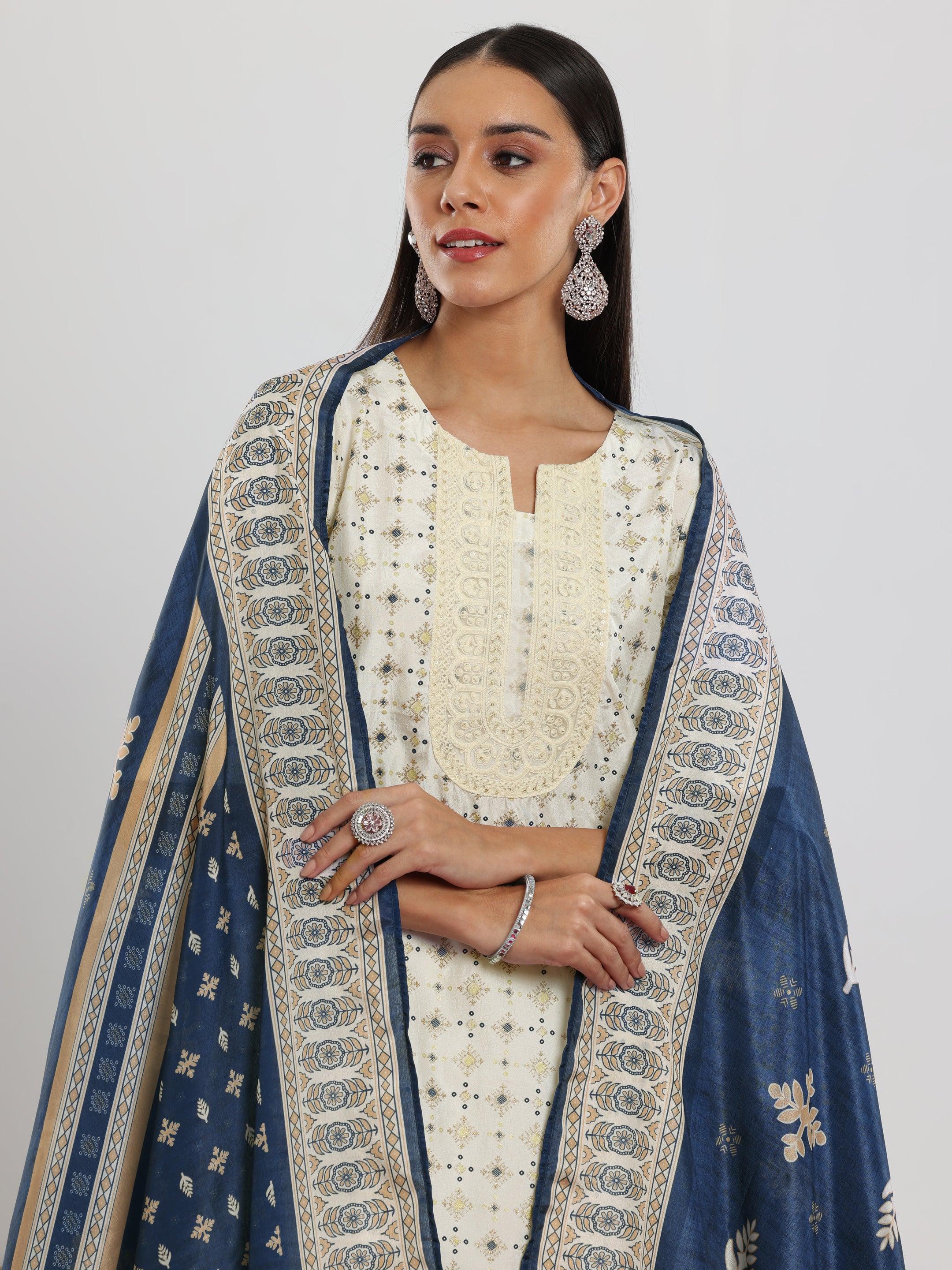 Off White Printed Silk Blend Straight Suit With Dupatta