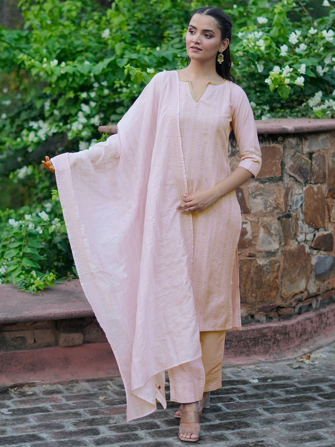 Pink Self Design Silk Blend Straight Suit With Dupatta