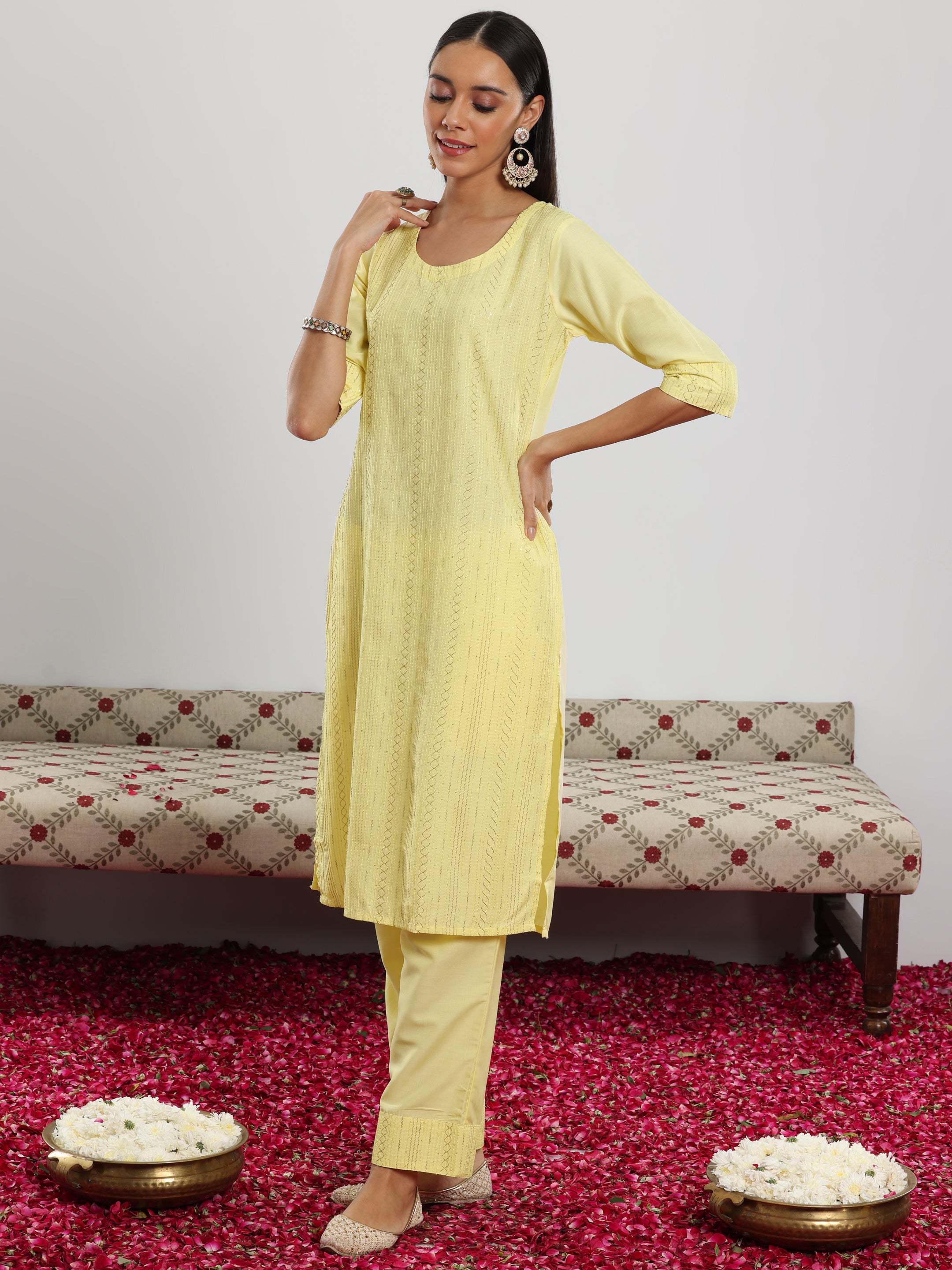 Yellow Self Design Silk Blend Straight Suit With Dupatta