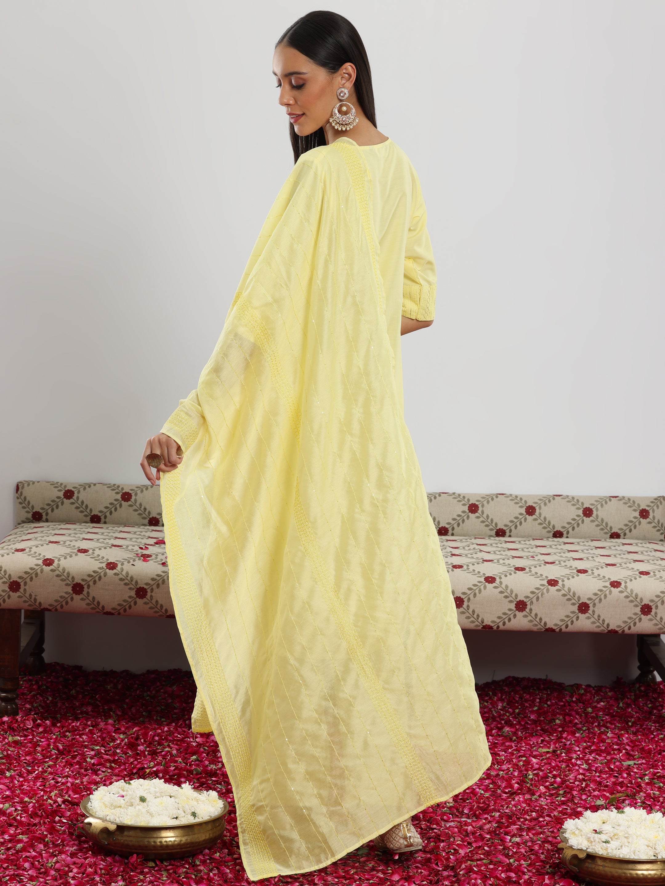 Yellow Self Design Silk Blend Straight Suit With Dupatta