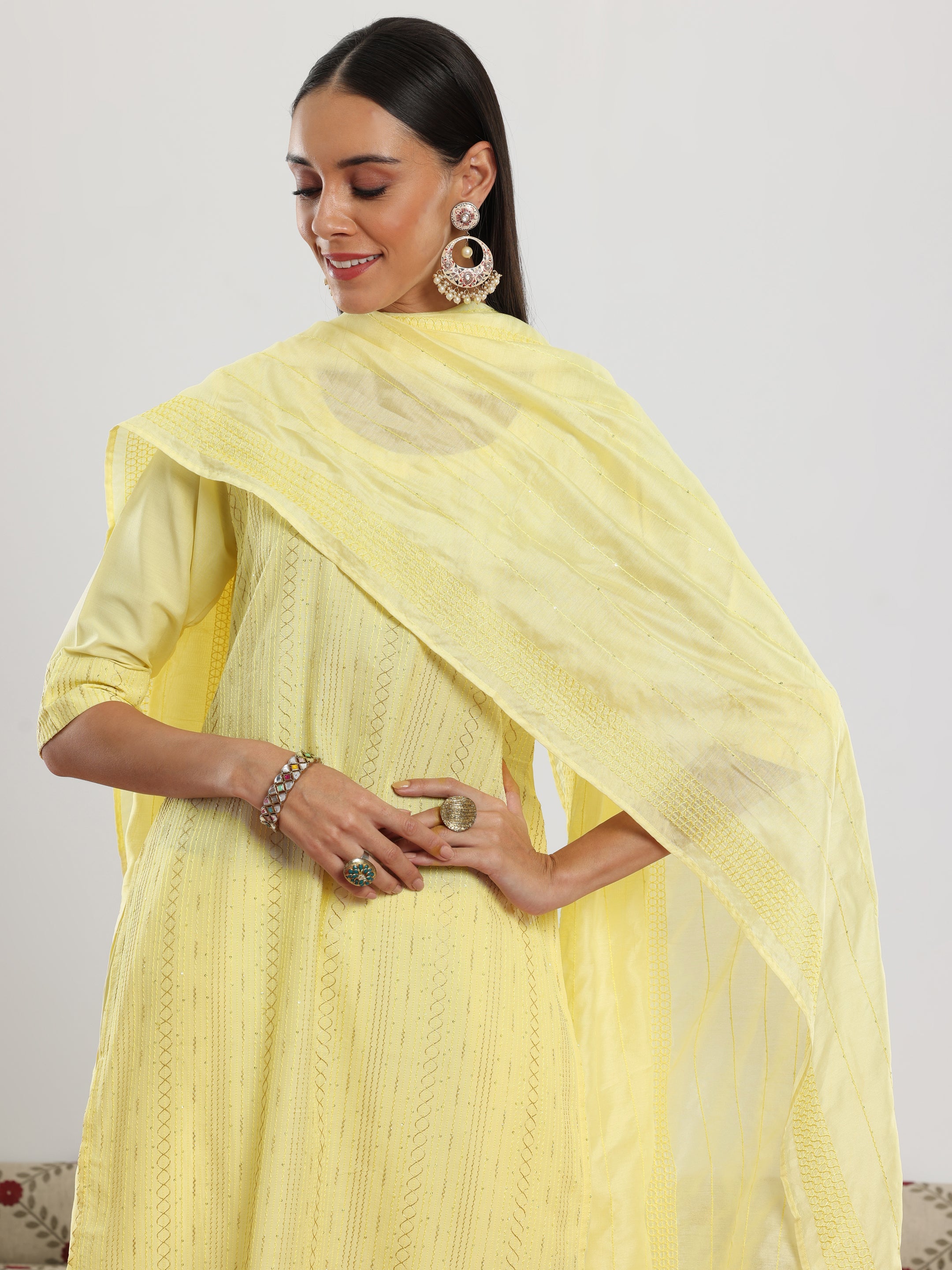 Yellow Self Design Silk Blend Straight Suit With Dupatta