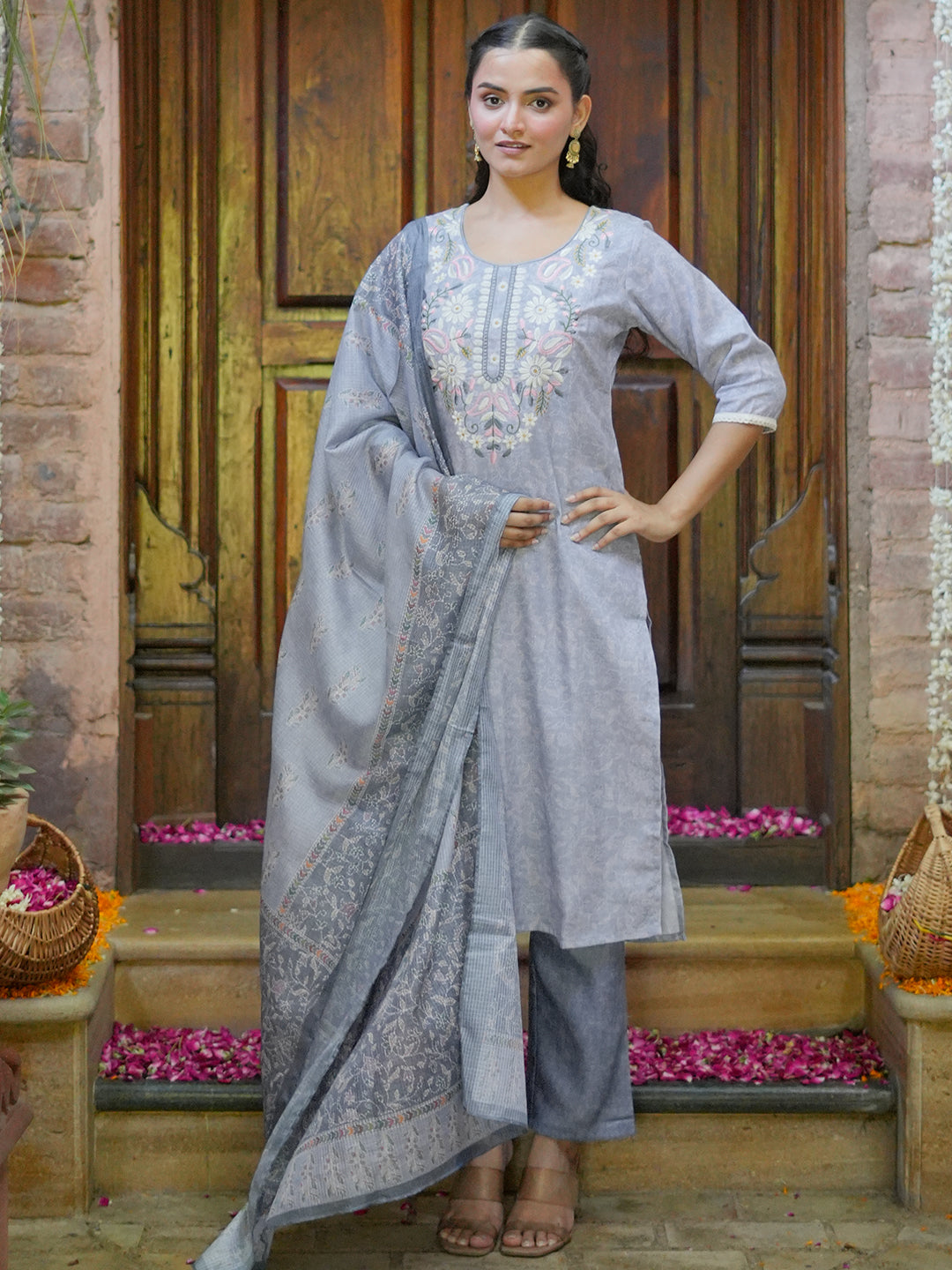 Grey Yoke Design Cotton Straight Suit With Dupatta