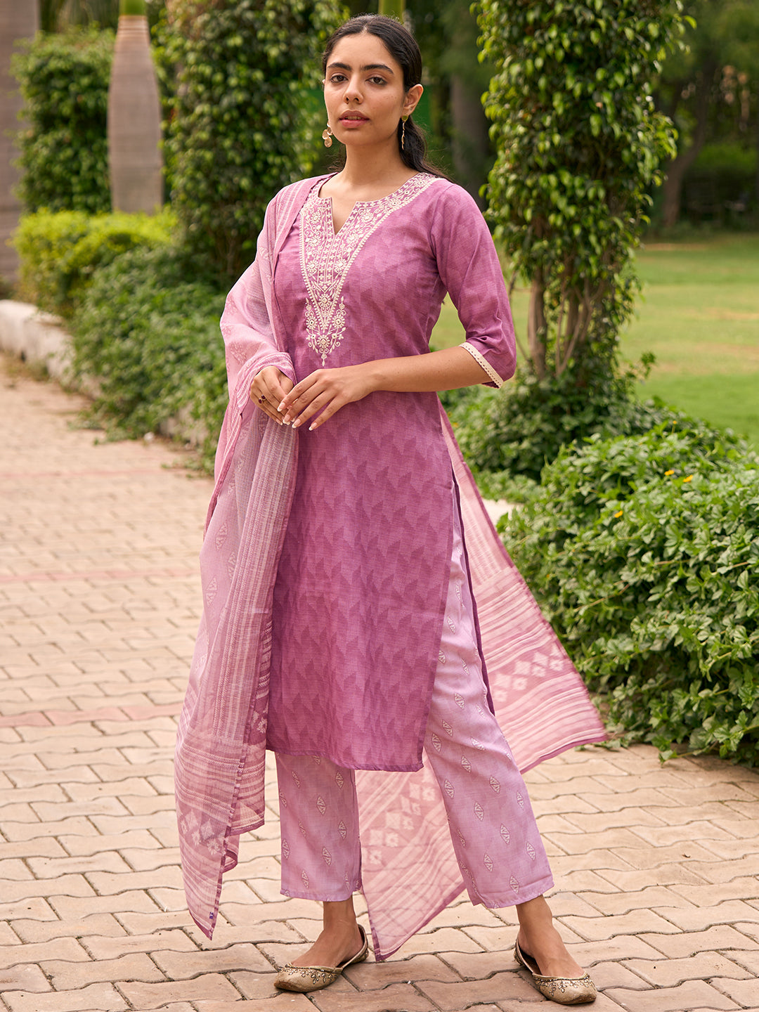 Pink Yoke Design Cotton Straight Suit With Dupatta