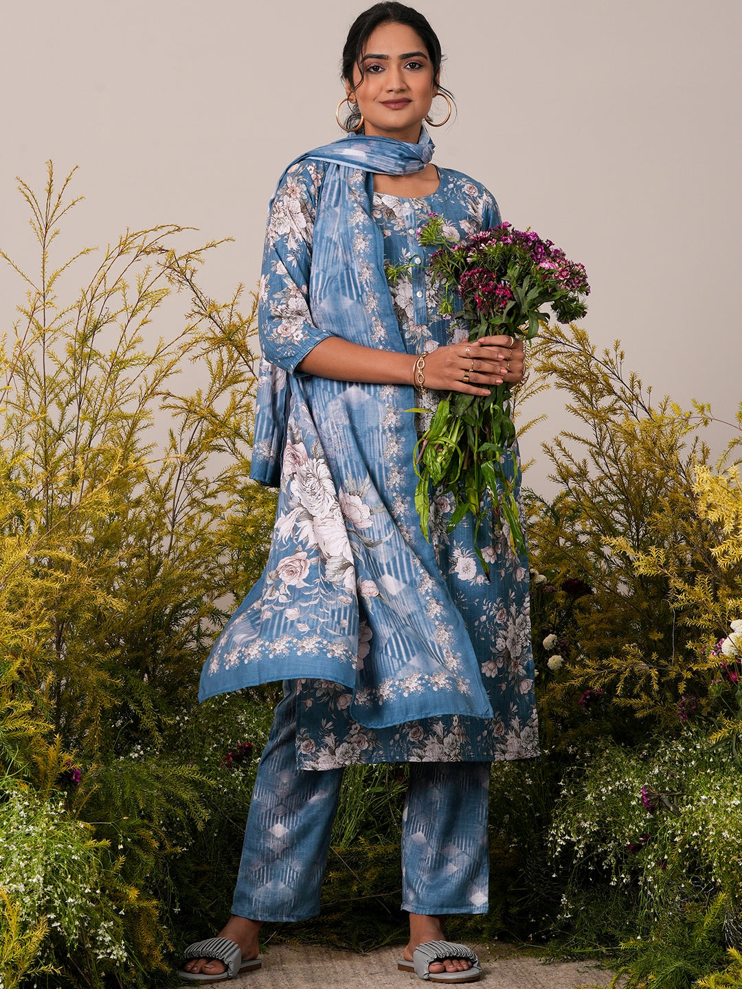 Blue Printed Cotton Straight Suit With Dupatta