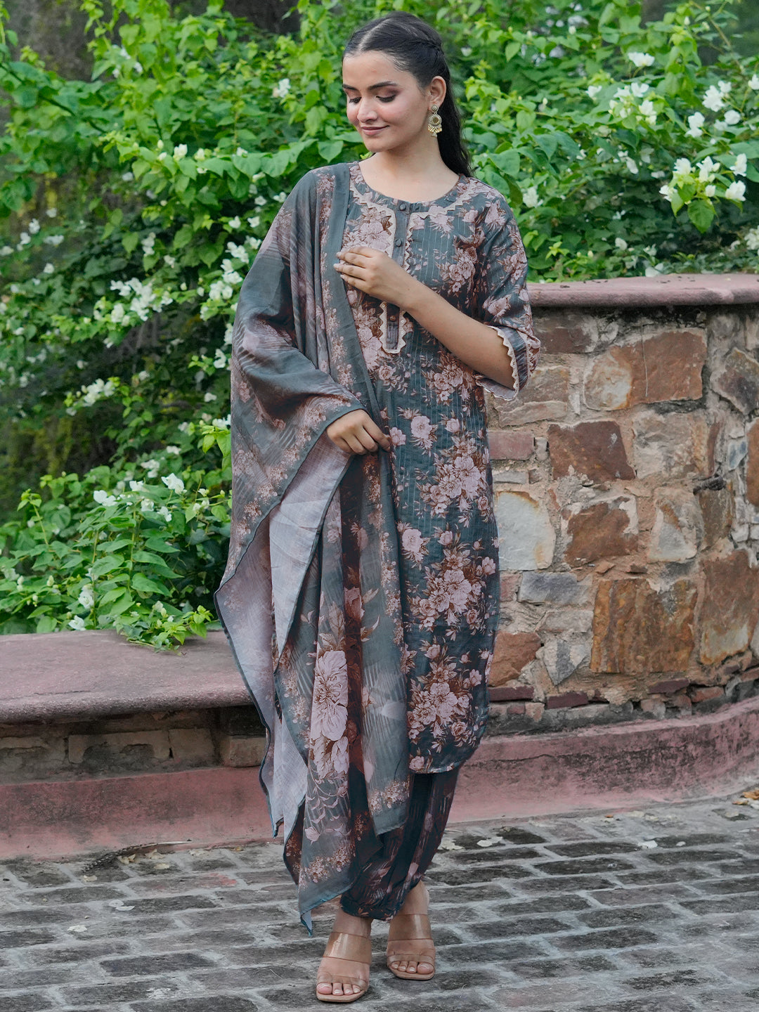 Green Printed Cotton Straight Suit With Dupatta