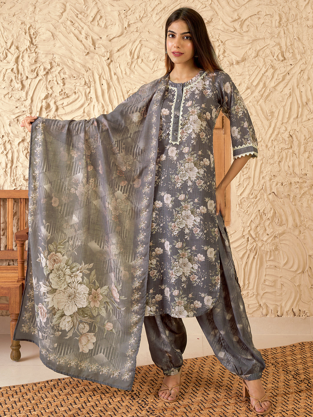 Grey Printed Cotton Straight Suit With Dupatta