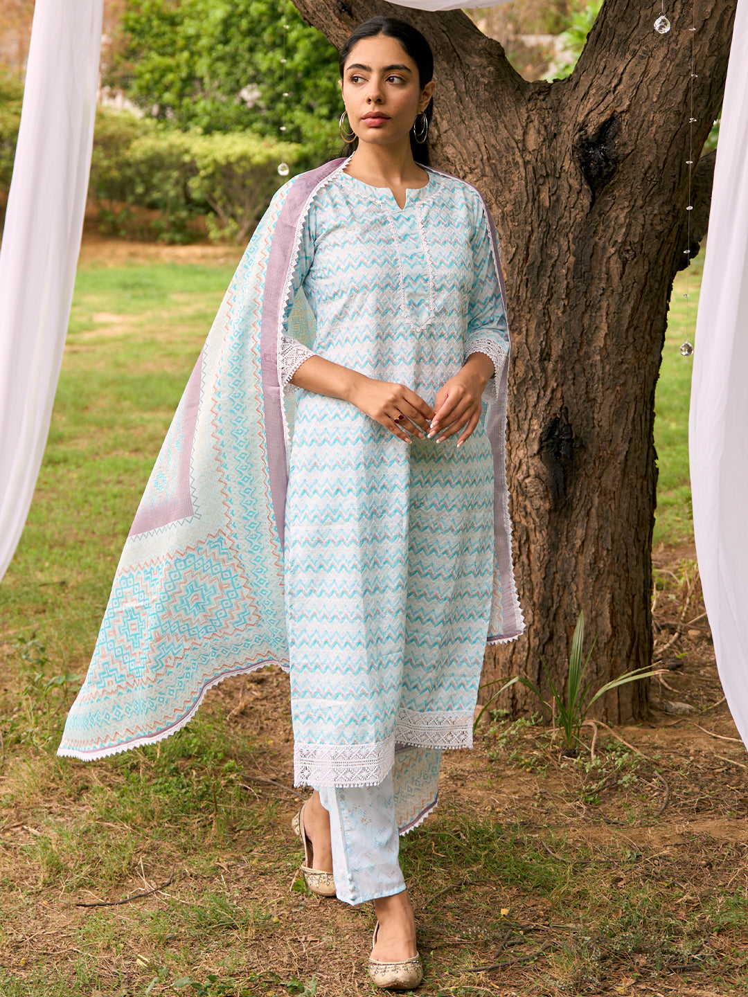 Blue Embroidered Cotton Straight Suit With Dupatta