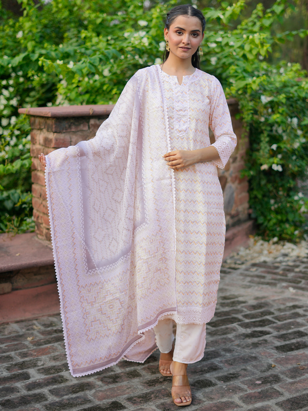 Off White Embroidered Cotton Blend Straight Suit With Dupatta