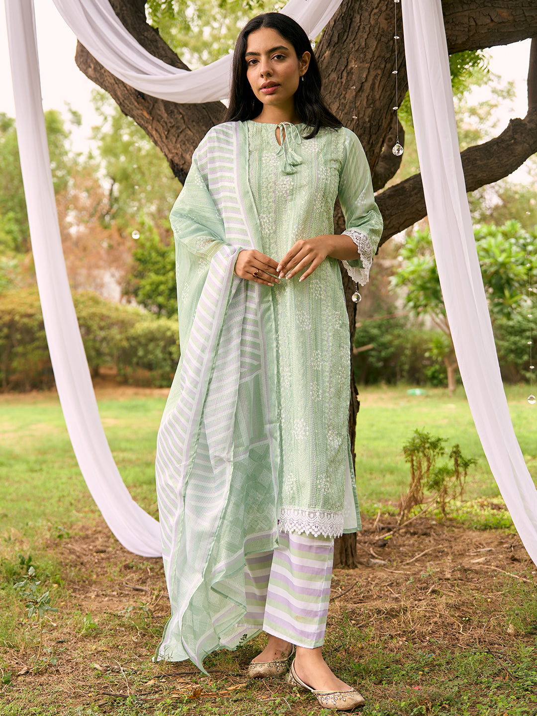 Green Embroidered Cotton Blend Straight Suit With Dupatta