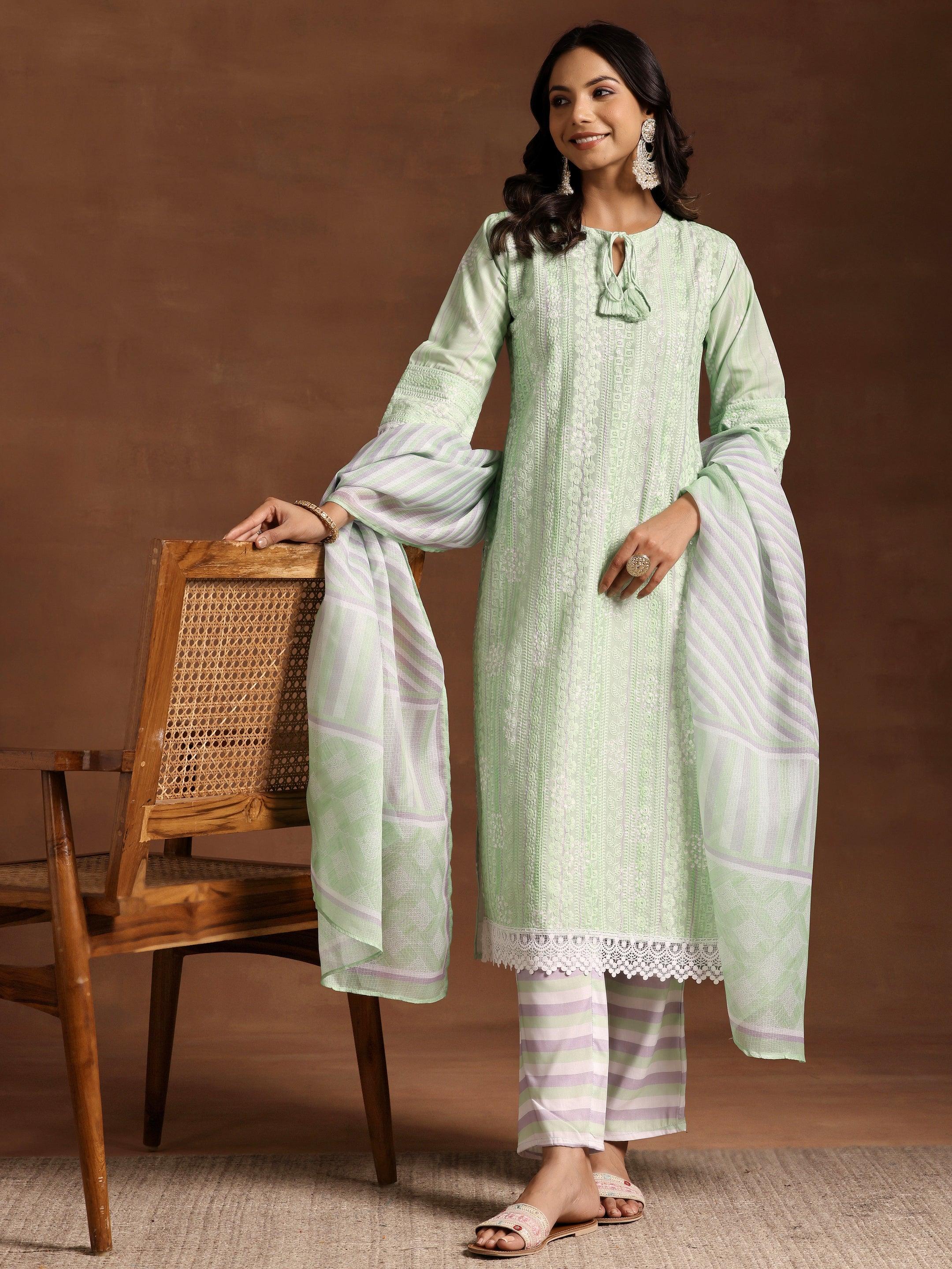 Green Embroidered Cotton Blend Straight Suit With Dupatta