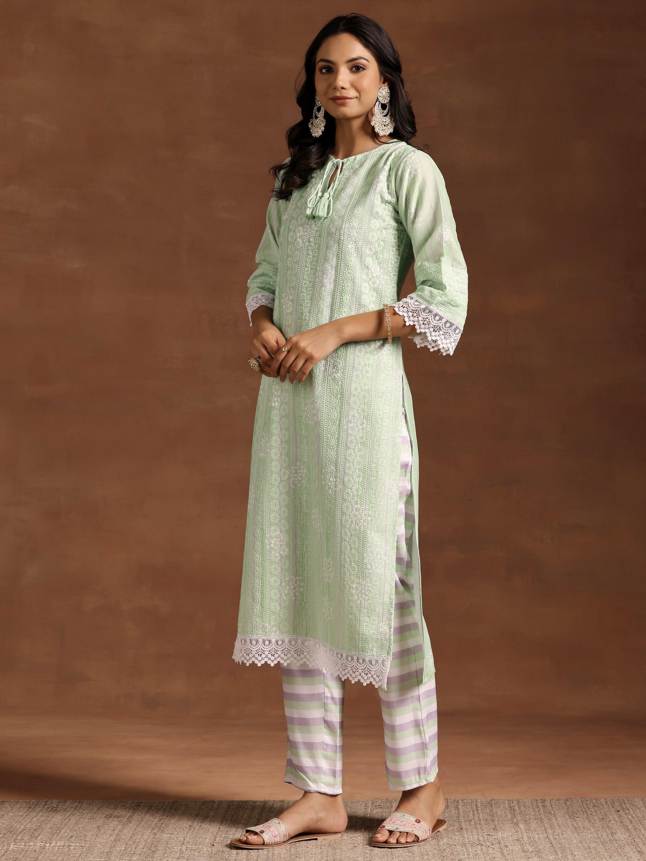 Green Embroidered Cotton Blend Straight Suit With Dupatta