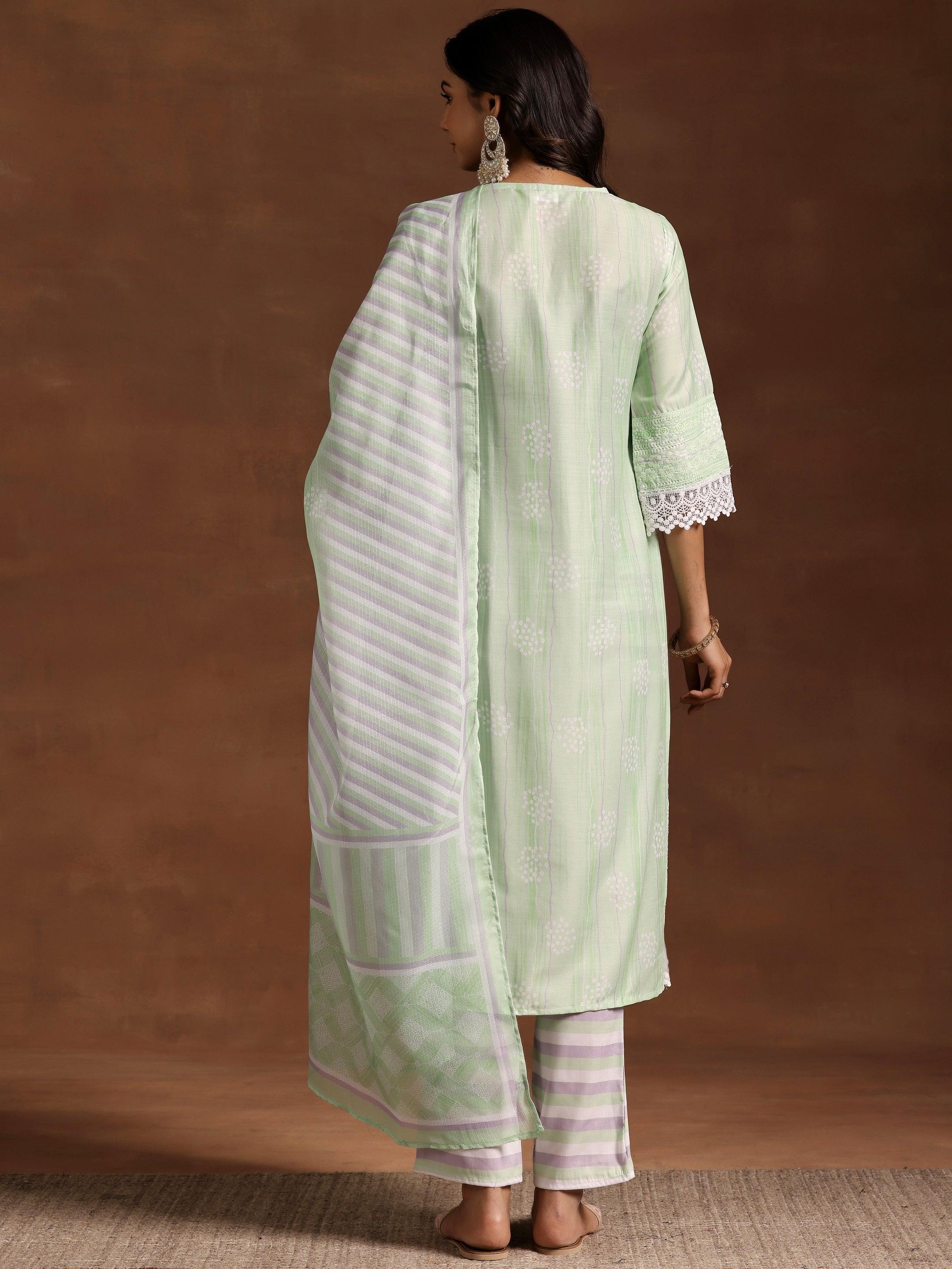 Green Embroidered Cotton Blend Straight Suit With Dupatta