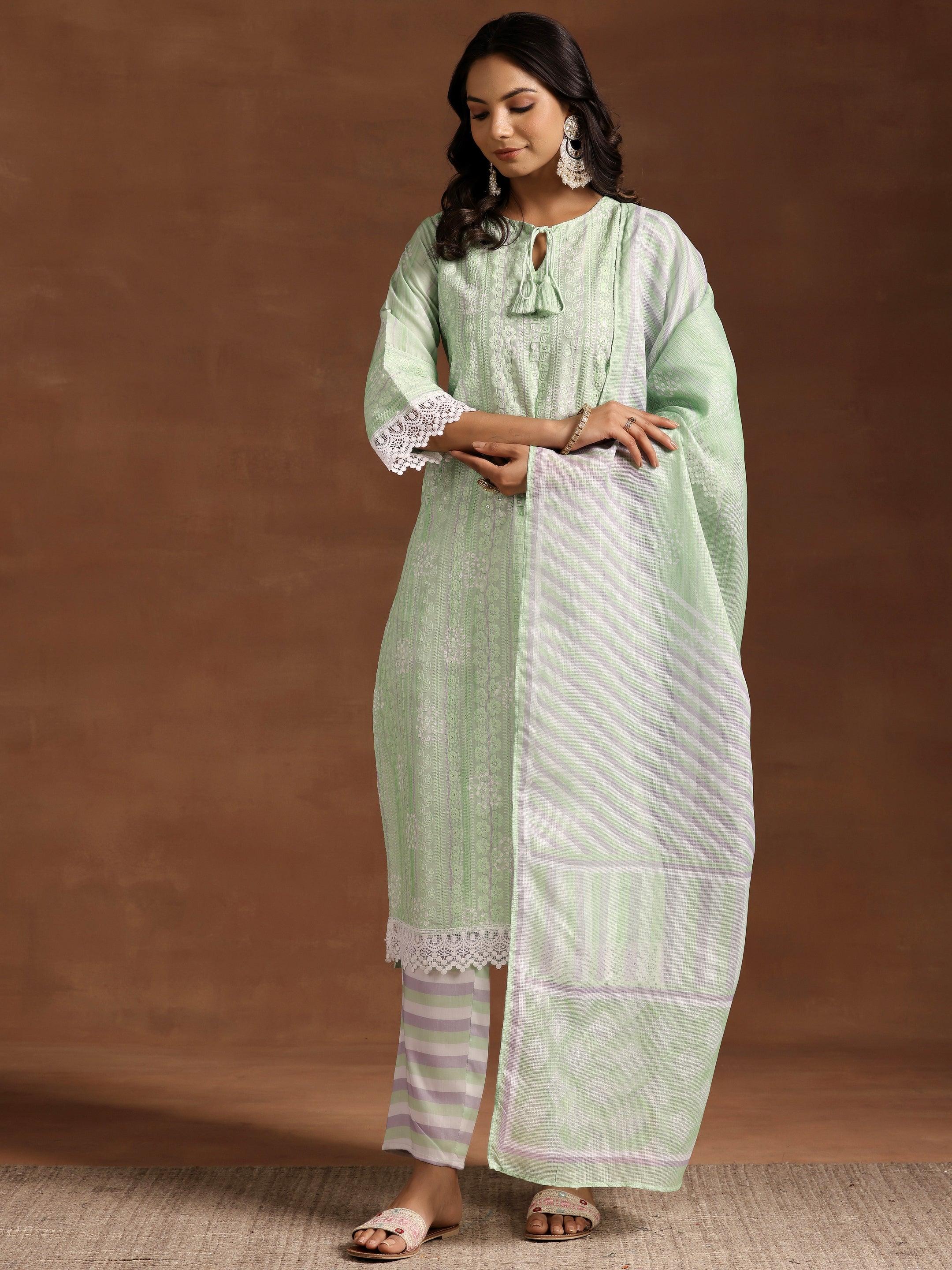 Green Embroidered Cotton Blend Straight Suit With Dupatta