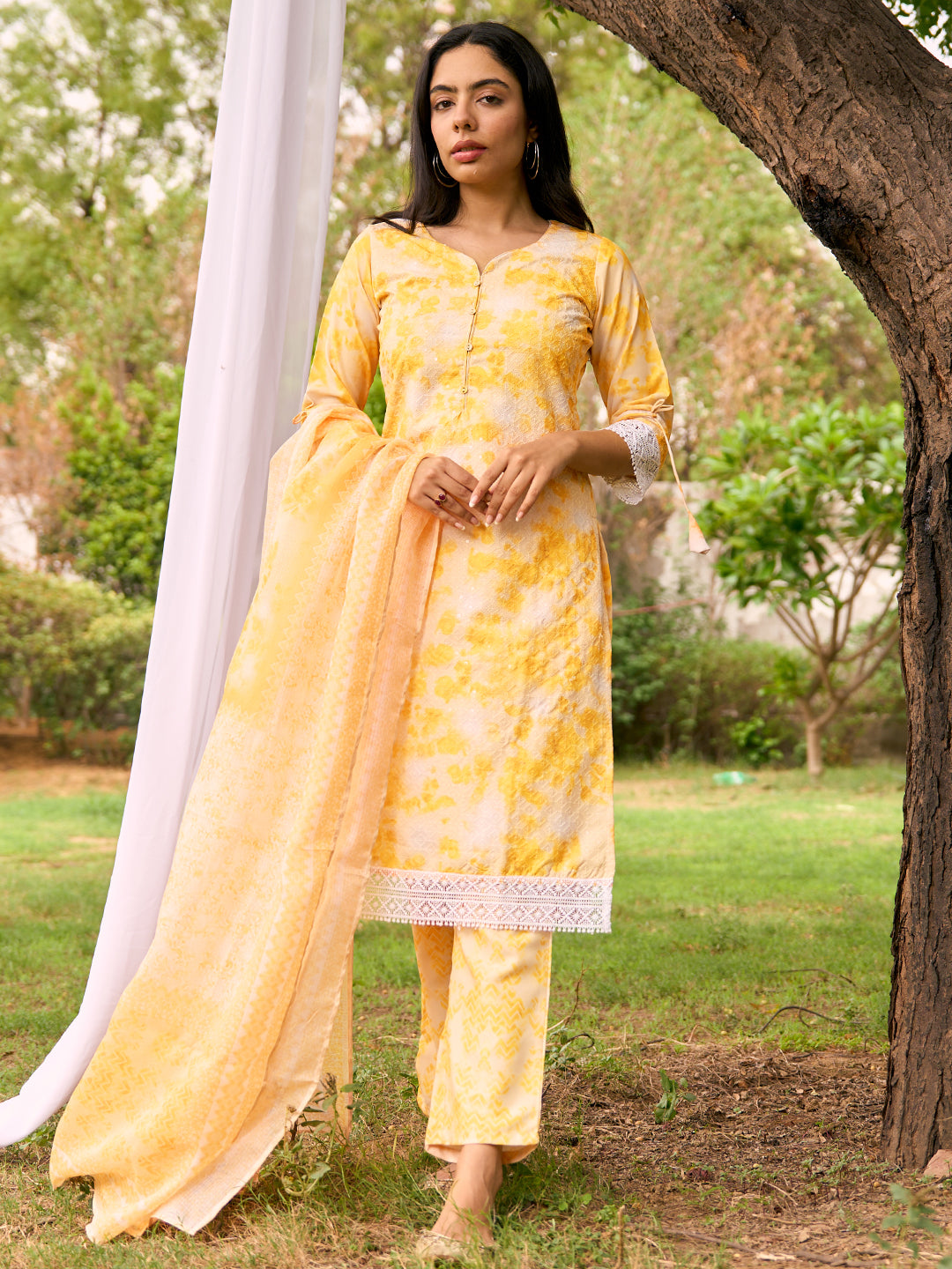 Yellow Embroidered Cotton Blend Straight Suit With Dupatta