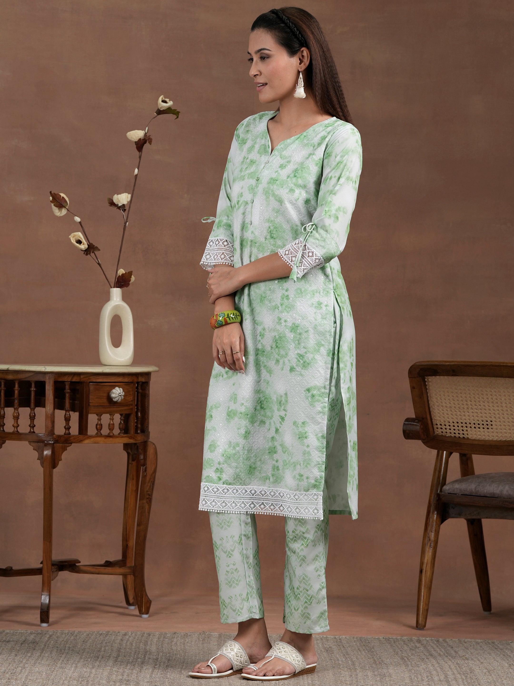 Green Embroidered Cotton Blend Straight Suit With Dupatta