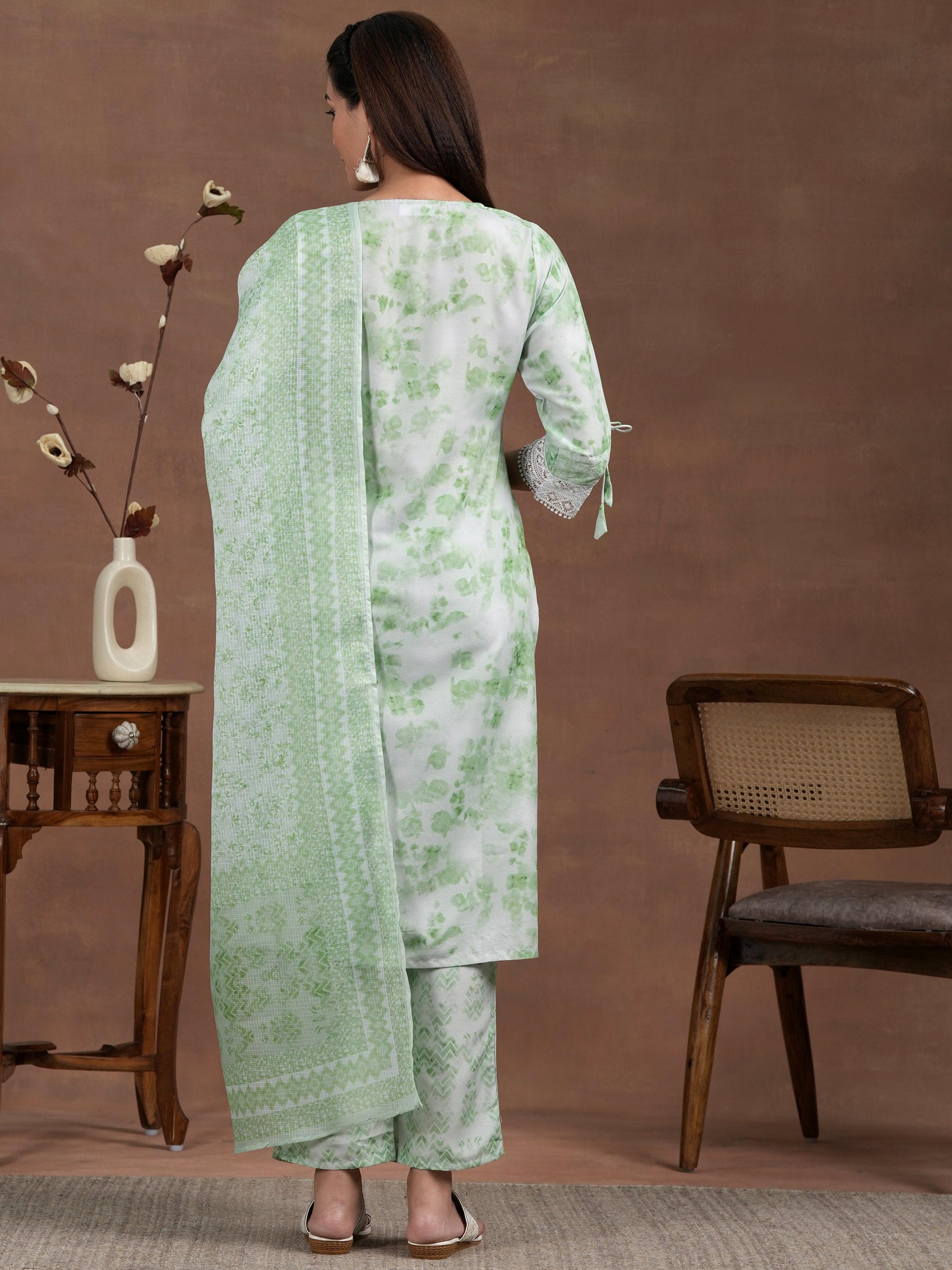 Green Embroidered Cotton Blend Straight Suit With Dupatta