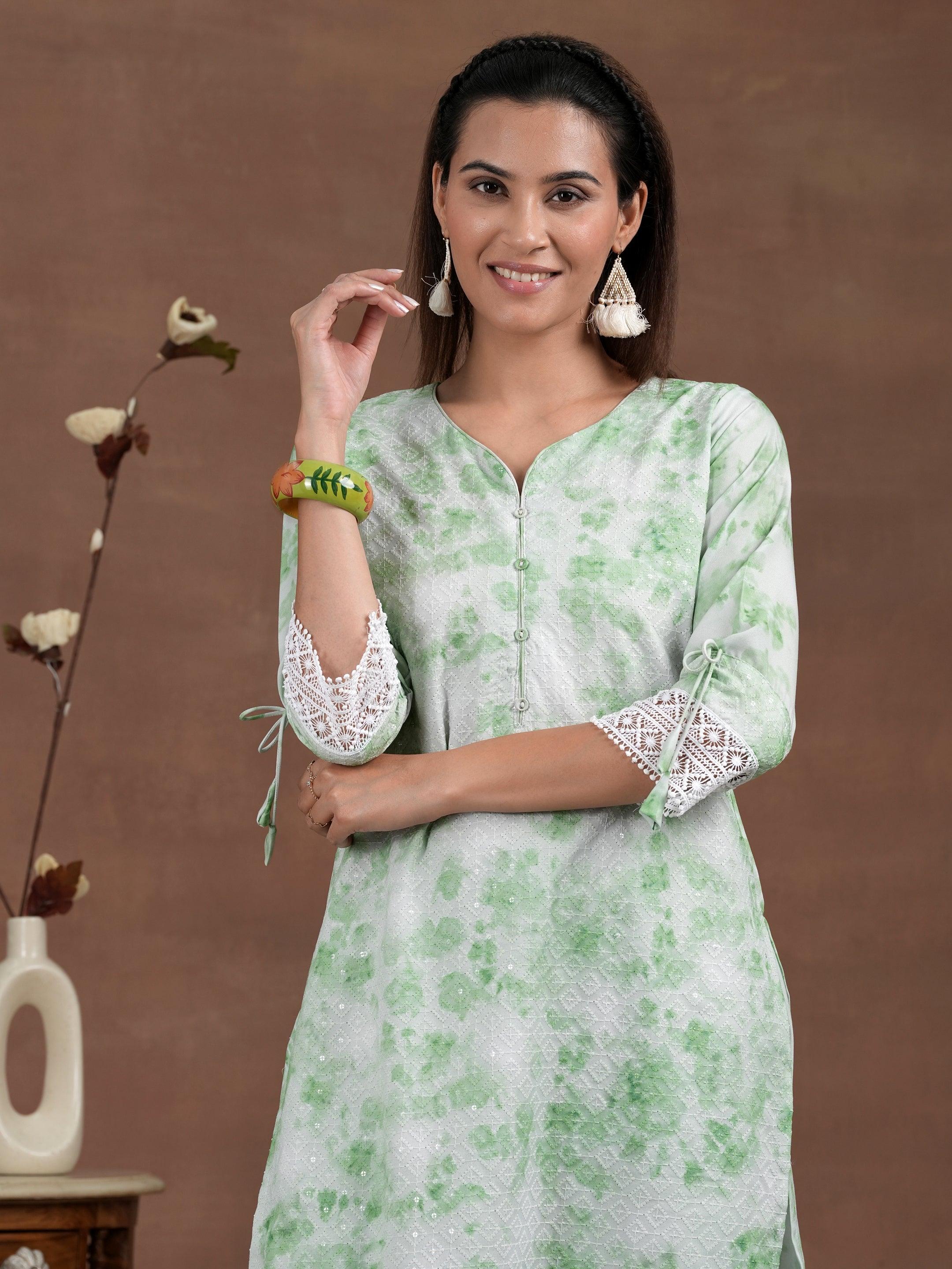 Green Embroidered Cotton Blend Straight Suit With Dupatta