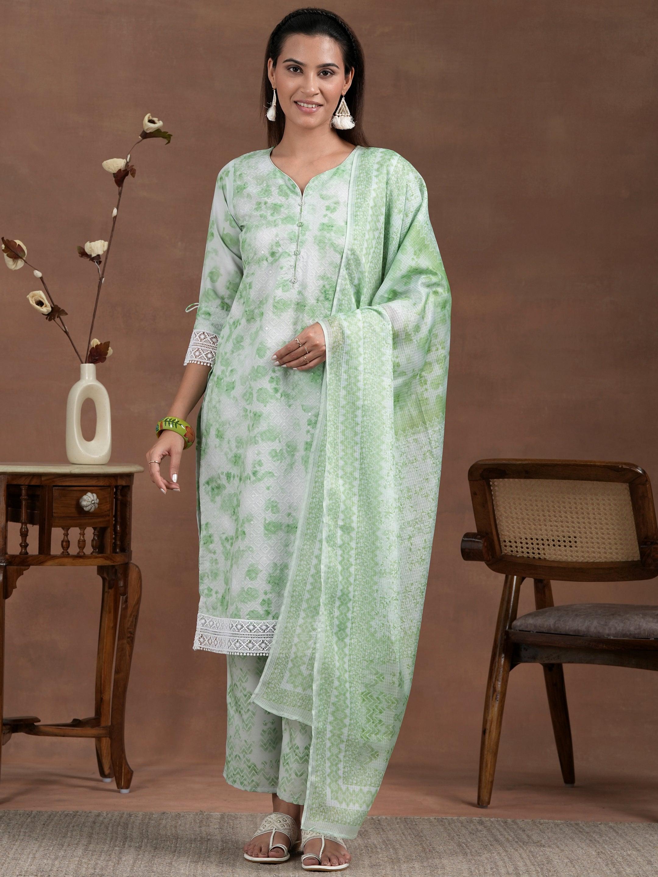 Green Embroidered Cotton Blend Straight Suit With Dupatta